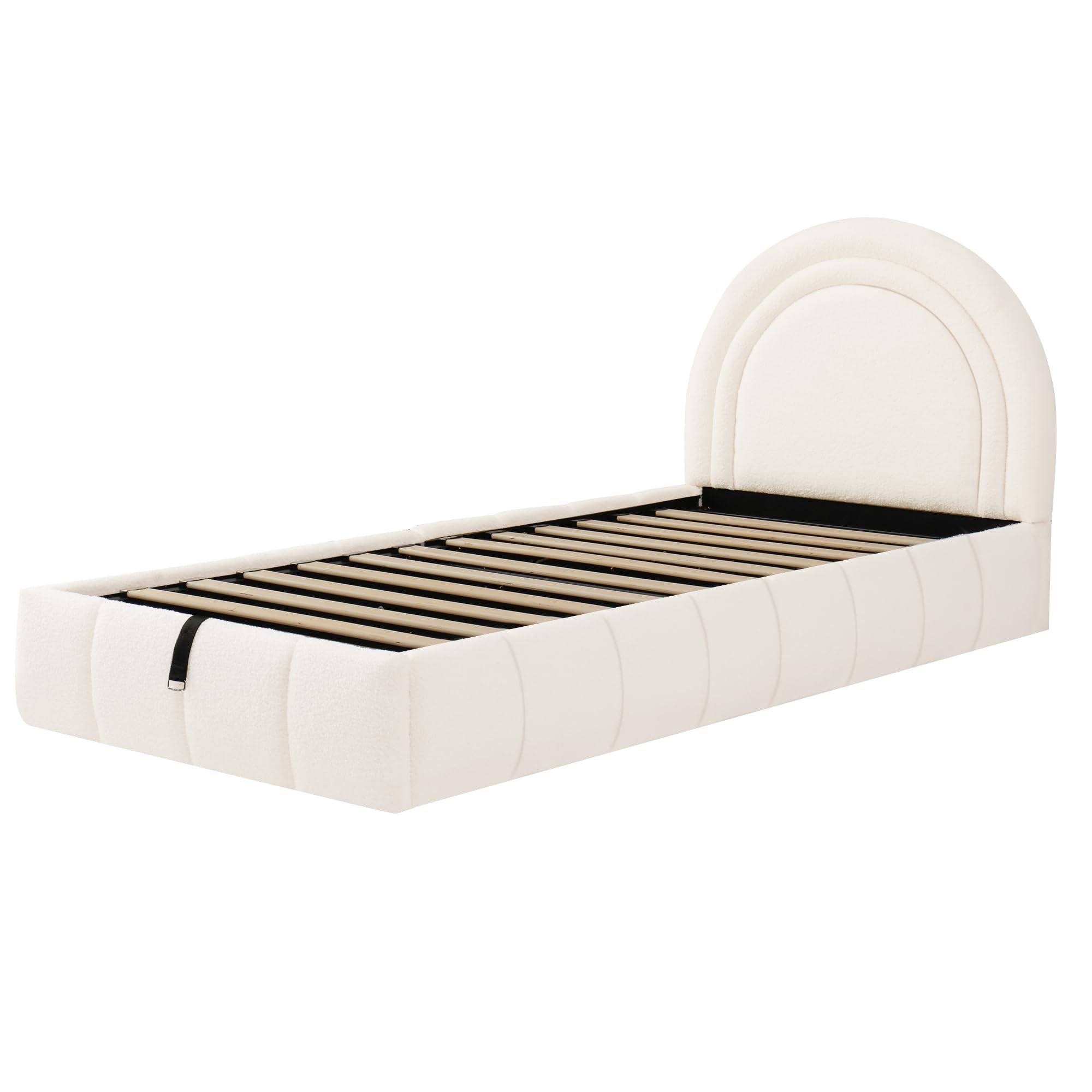 Cama tapizada, cama individual de 90 x 200 cm, cama funcional hidráulica, cama con somier, cabecero y gran espacio de almacenamiento, cabecero acolchado, bouclé, beige