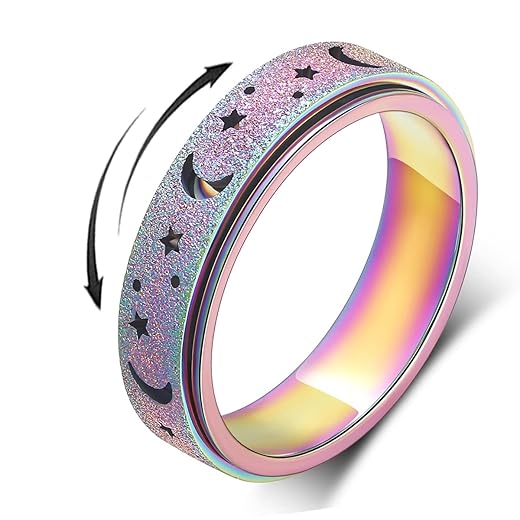 AmorArtSky Anxiety Ring for Women Men, Titanium Stainless Steel Spinner Ring, 5 Colors, 6MM, Size 6-10, 3 Styles Anxiety Ring-Moon Star, Sandblasted Finished, Hollow Outer