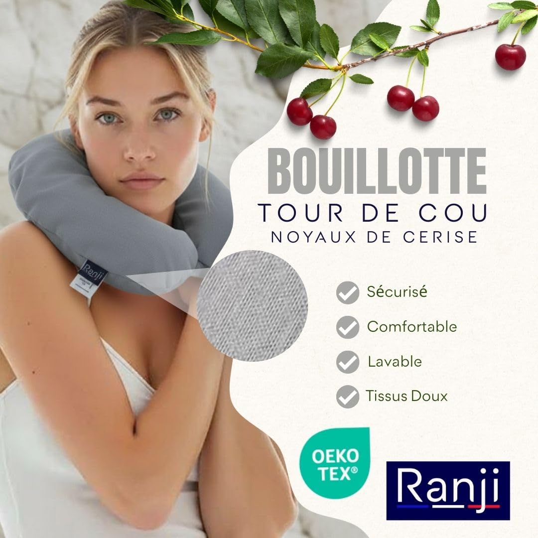RANJI Coussin Chauffant Noyaux de Cerise Micro-Onde – Bouillotte Cervicale & Épaules Sans Eau | Coussin Chauffant Cervicales | Coussin Noyaux Cerises Naturel & Lavable (Gris)