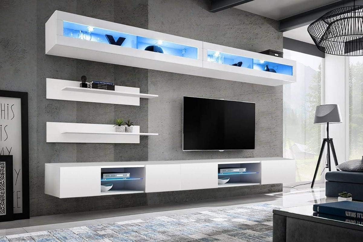 Meble Furniture Fly I2 33TV Stand Wall-Mounted Entertainment Center — Floating TV Console with LED Lighting and Storage Shelves, 57.5" W x 15.7" D x 19.7" H — White
