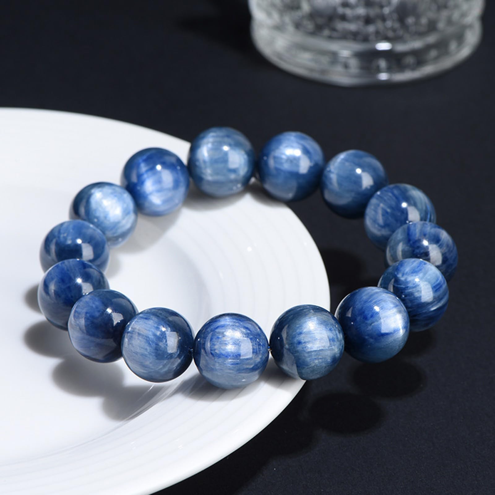 Bracciale con perline rotonde naturali di cianite blu della vecchia | Bracciale elasticizzato in cristallo per donna uomo, gioielli in pietra curativa lucidata fatti a mano per la meditazione