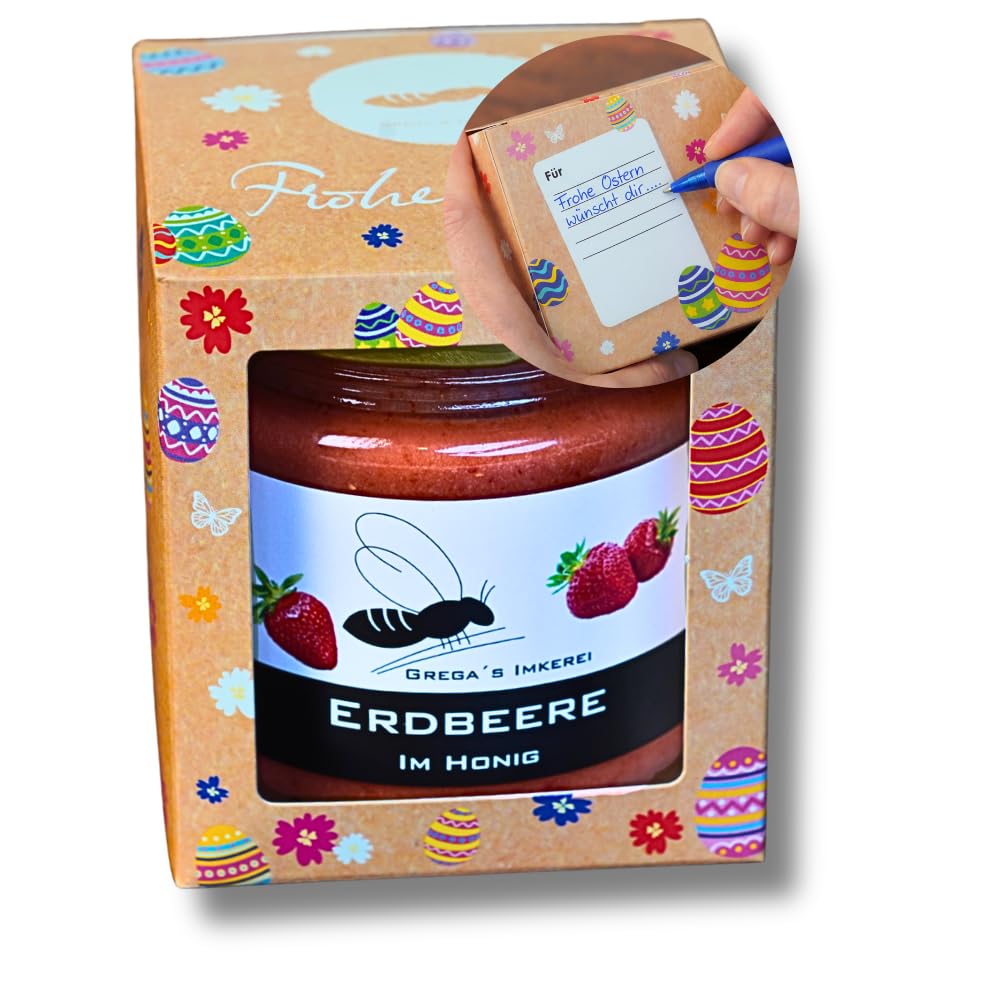 Oster Geschenk Box 1er Set mit Honig von Grega’s Imkerei | 1× 250g Honigspezialität in „Frohe Ostern“ Box mit Grußfeld | Natürliches Ostergeschenk direkt vom Imker (Erdbeere im Honig 250g)