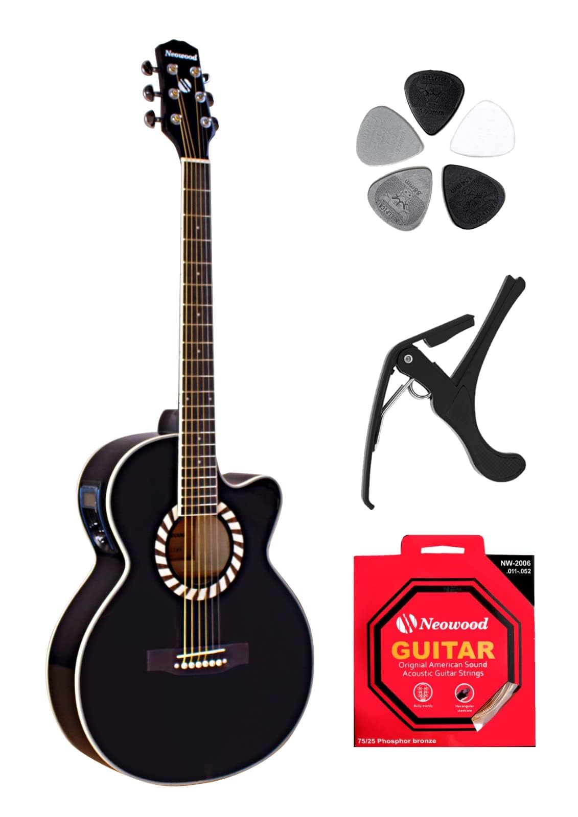 Neowood (FLY-MGE-BK) Electro-Acoustic Guitar with Bag, Plectrums, & Neowood String Set (Black)