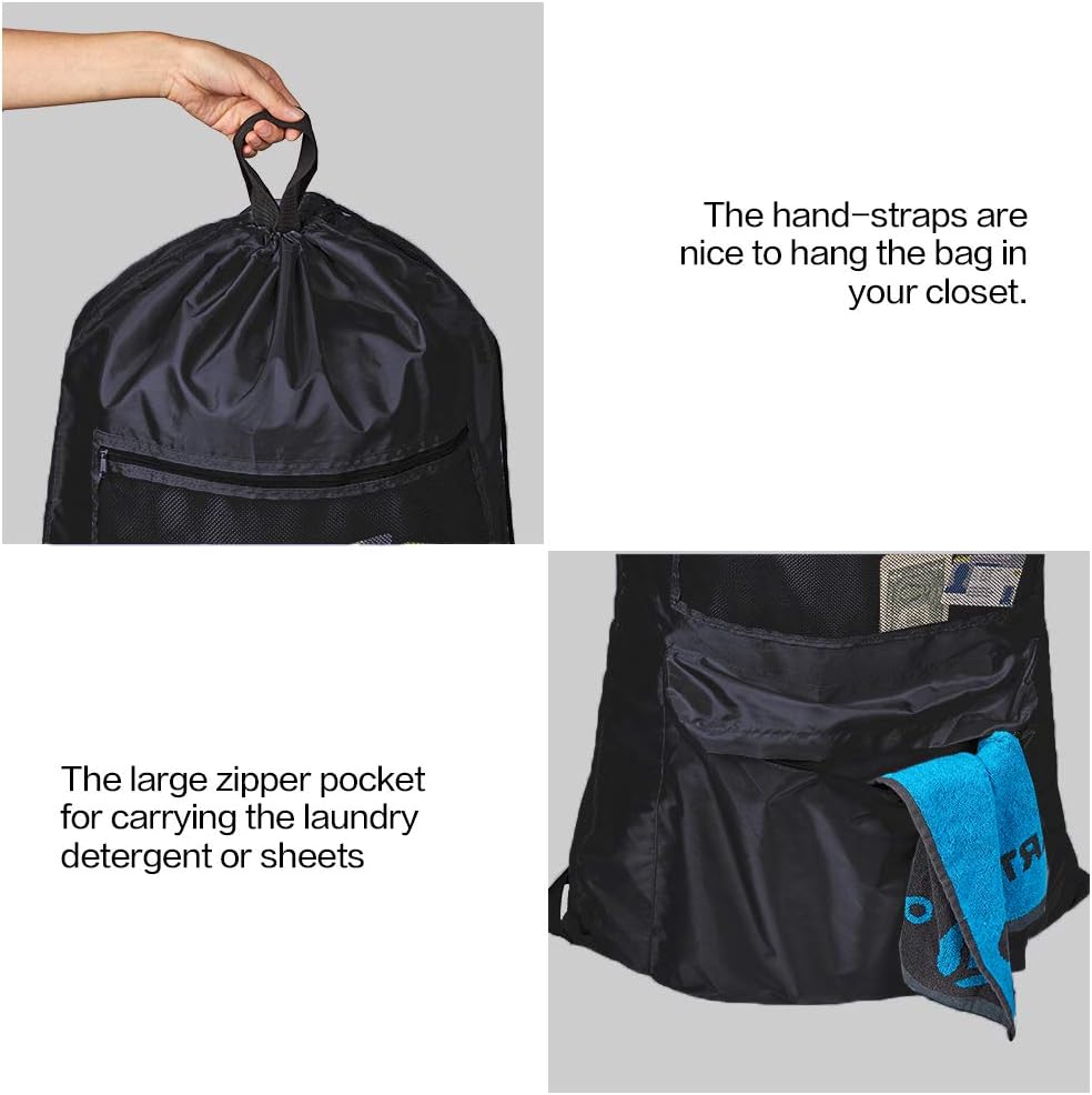 HOMEST Laundry Backpack Bag Extra Large with Mesh Pocket, Shoulder Straps, Machine Washable Durable Nylon Backpack for College Student, Dorm, Camp, Travel, Black