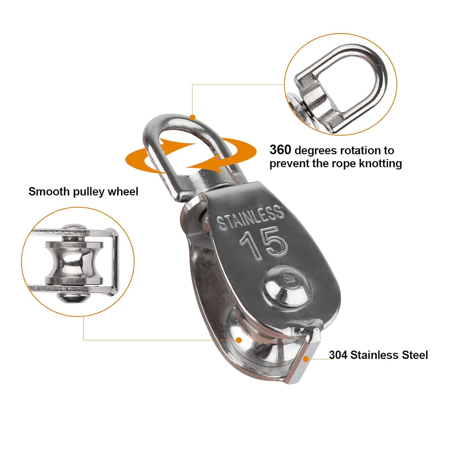10Pcs Stainless Steel 304 M15 Single Pulley Block Hanging Wire Towing Wheel Wire Rope Crane Pulley Block Lifting Crane Swivel Hook Single Pulley Block with 10Pcs Spring Snap Hook: Industrial & Scientific