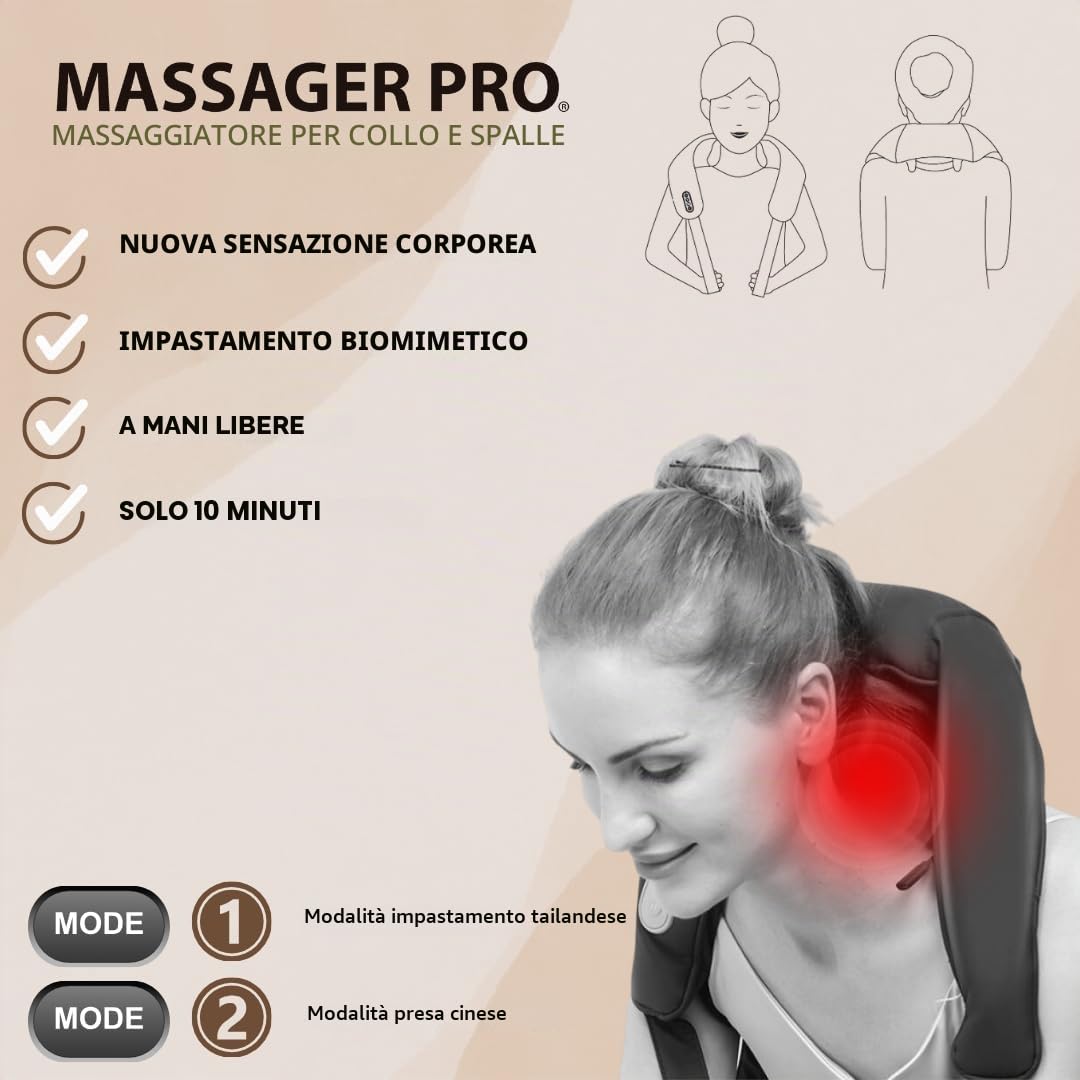 MASSAGER PRO - Massaggiatore Cervicale Shiatsu con Calore – Massaggiatore Elettrico per Collo, Spalle e Schiena – 3 Intensità Regolabili – Ideale per Ufficio, Casa e Auto