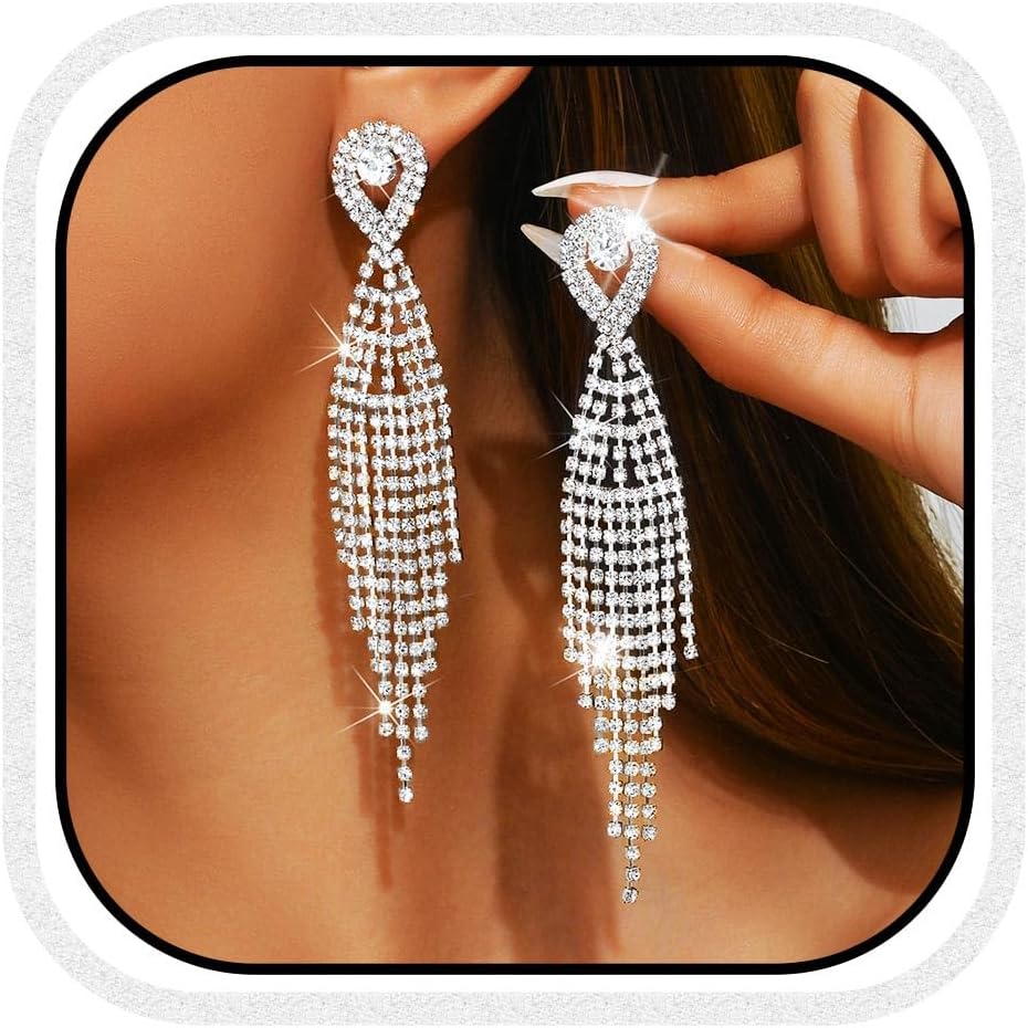 Unicra Long Tassel Rhinestone Earrings Silver Diamond Dangle Earrings Jewelry Sets Crystal Bridal Wedding Earrings Accessories for Women and Brides