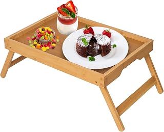 Artmeer Bamboo Bed Tray Table with Folding Legs - Breakfast in Bed, Laptop TV Snack Tray