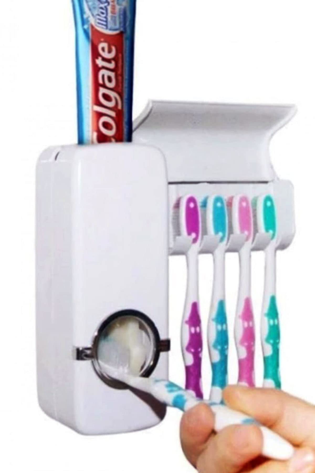 Mobee Otamatik Diş Macunu Sıkacağı Ve 5 Adet Diş Fırçalığı Macun Sıkacak Diş Fırçası Banyo Askı Seti