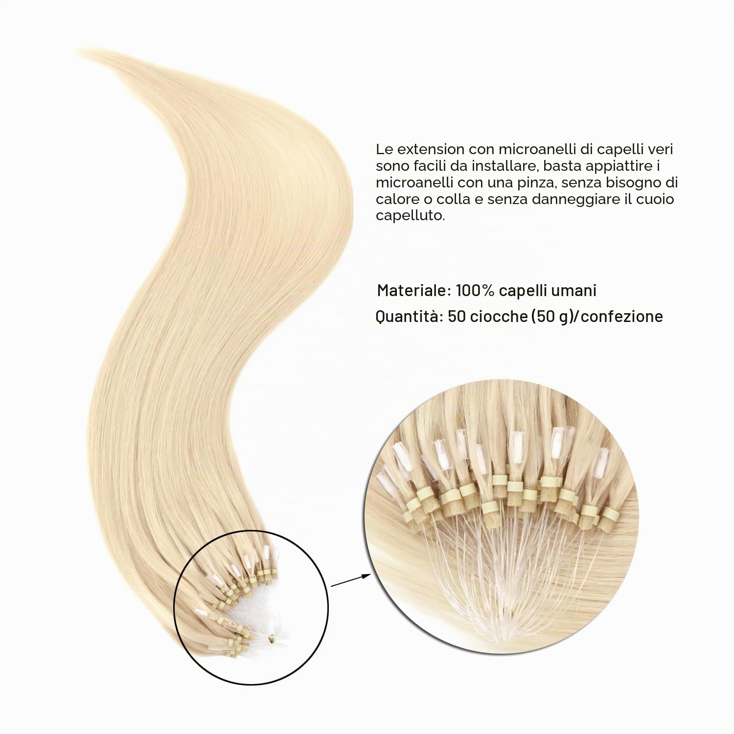 Extension Microring Capelli micro loop extension capelli 50g Extension Capelli Veri Microring (40cm #60 biondo platino)