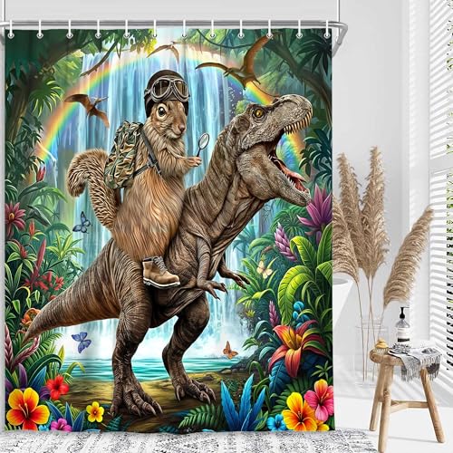 Image of Funny Squirrel Riding Dinosaur Shower Curtain, Tropical Jungle Rainforest Safari Animal Bathroom Curtain for Kids Boys Men, Waterproof Fabric Bath Curtain with 12 Hooks, 60X70 Inches