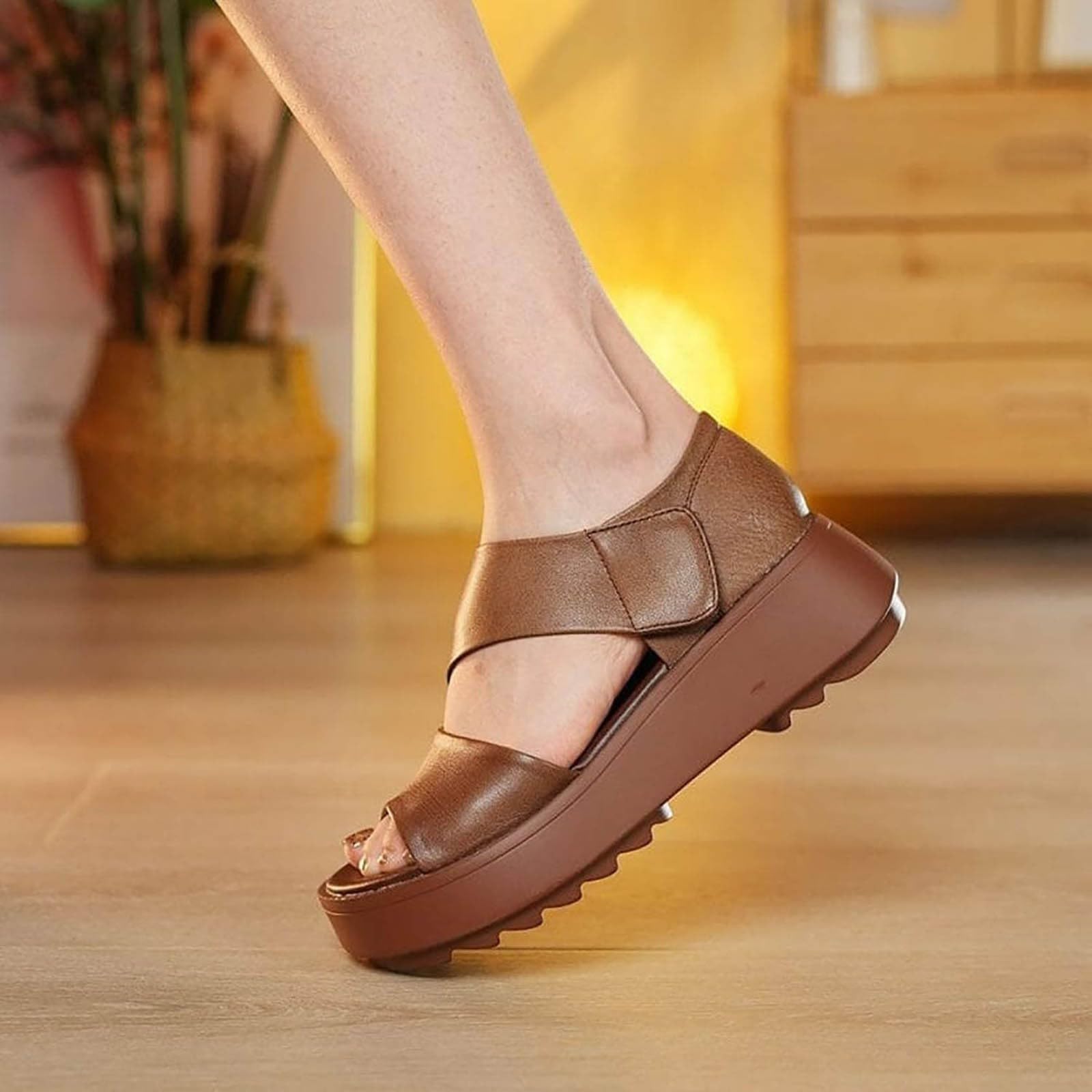Générique Damskie sandały damskie buty z grubą podeszwą, odkryte palce, rybie usta, codzienne szelki w stylu retro, sandały do noszenia na co dzień, boho, perłowa skóra