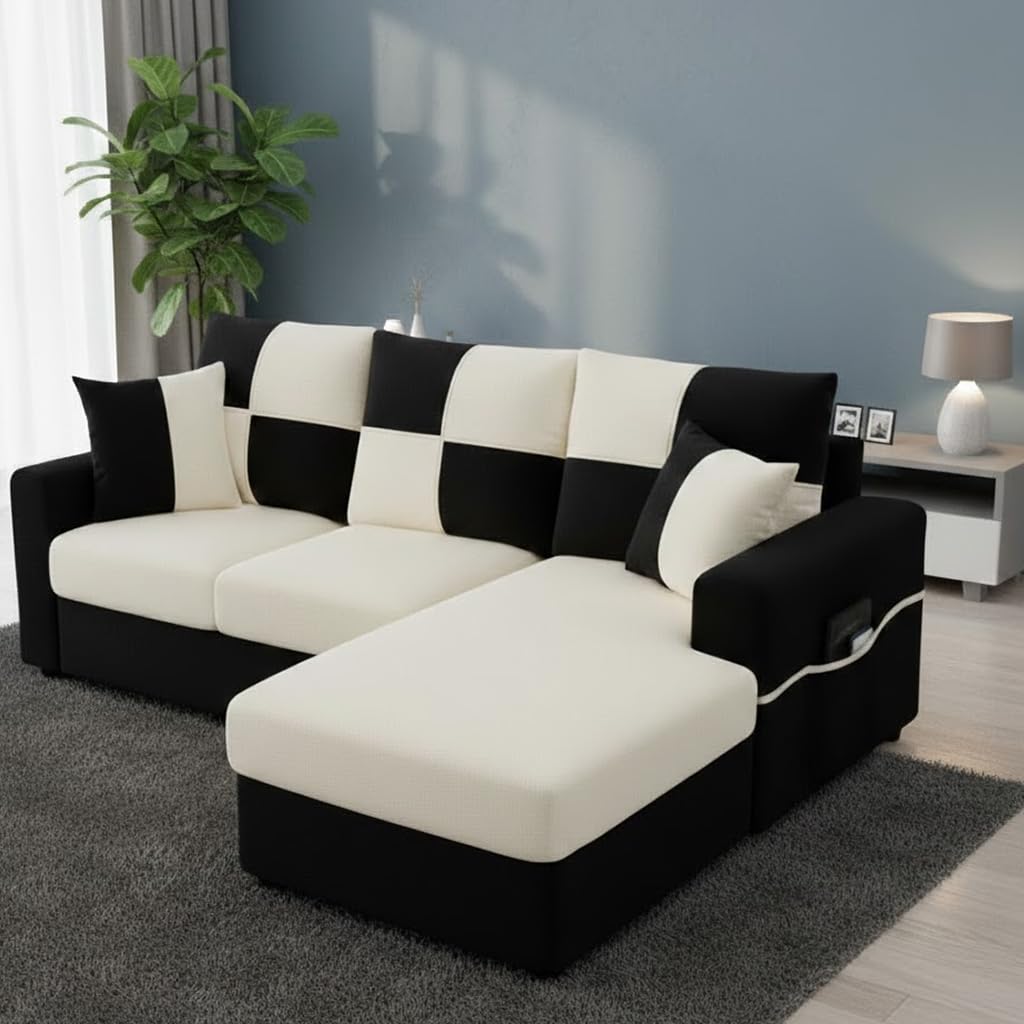 Kenzo 4 Seater Fabric RHS L Shape Sofa Set (Cream-Black) Premium Velvet Finish Sectional Sofa | Comfortable & Durable | Ideal for Living Room