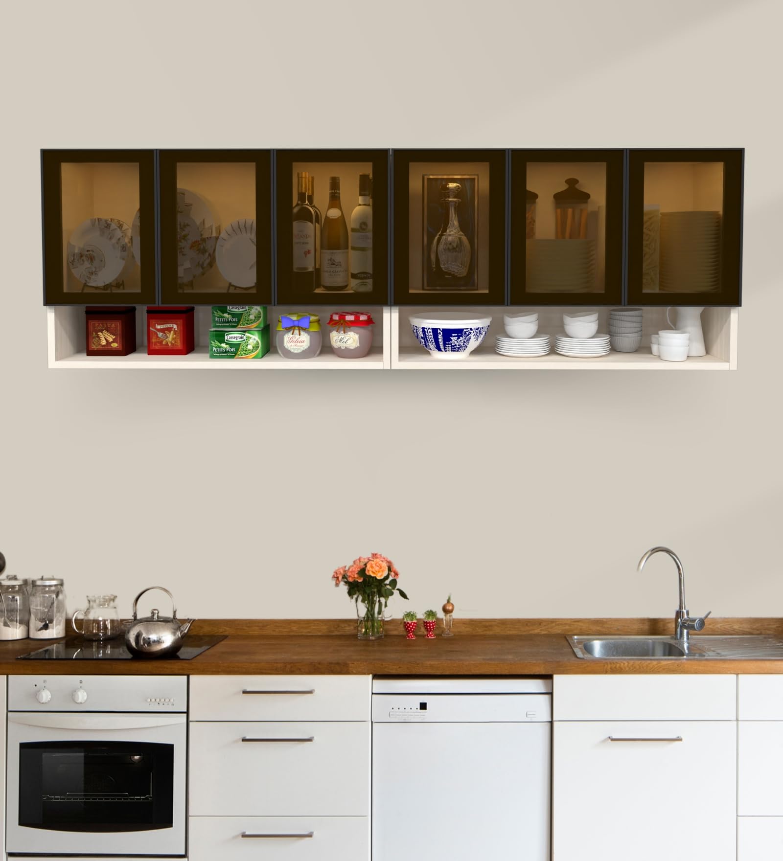 Wall-Mount Kitchen Cabinet, 6-Door Unit with Open Shelf, Highland Pine, Termite-Proof Borer-Proof Engineered Wood, Brown Tinted Glass, Black Aluminium Profile-image-43