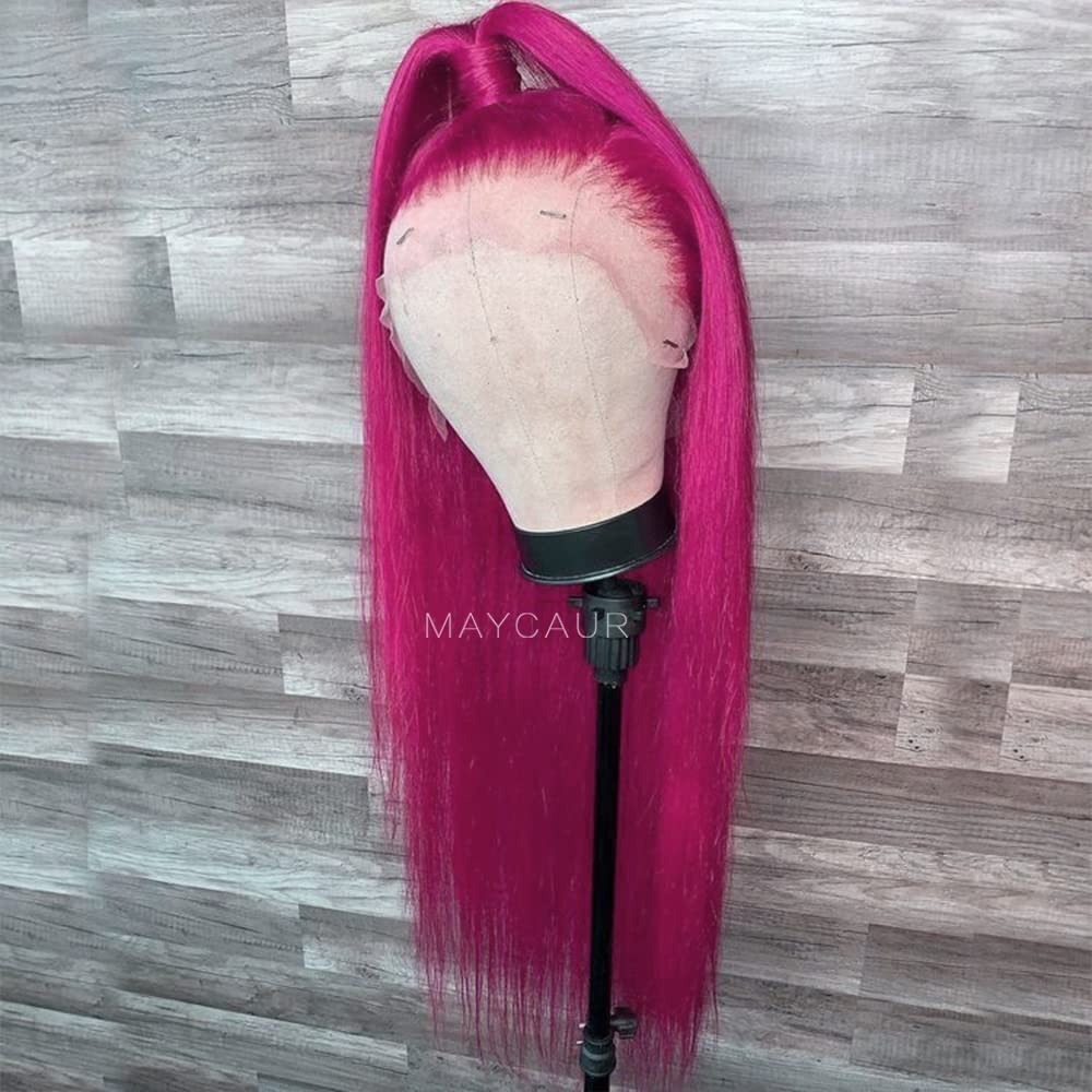 Maycaur Long Straight Hot Pink Lace Front Wigs Pre Plucked Hairline Glueless Hair Rose Red Synthetic Lace Front Wigs for Fashion Women Heat Resistant Fiber: #Rose Red