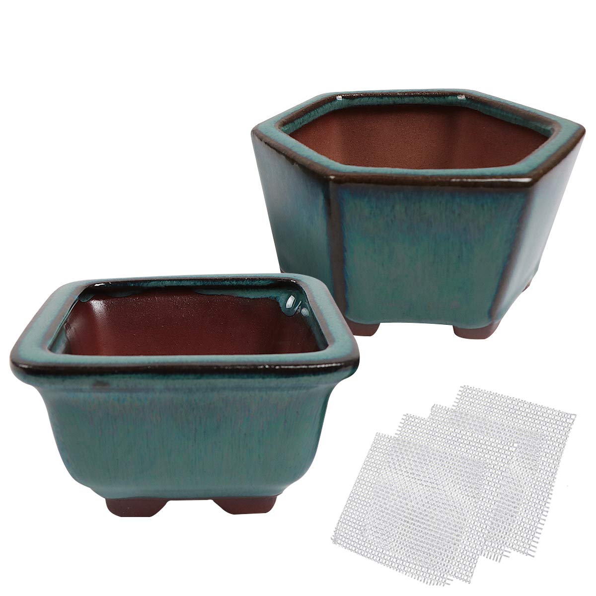 Happy Bonsai 2 pc Mini Glazed Pots Value Set + 4 Soft Mesh Drainage Screens
