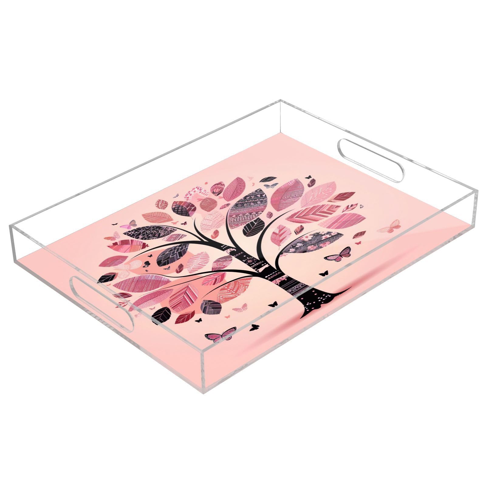 BOESI Graffiti Tree and Butterfly Pattern Acrylic Decorative Dining Tray, Acrylic Decorative Tray Organizer with Handle for Kitchen, Dining Room, Bathroom, Dresser