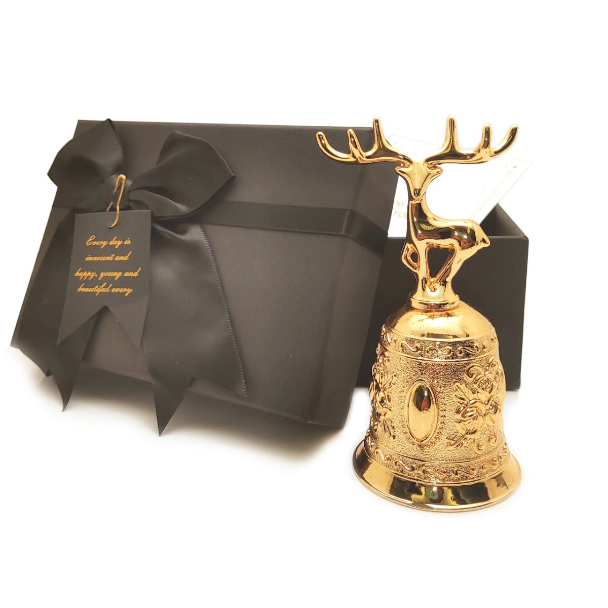 HometuDecorative Deer Shape Hand Bell with Gift Box & Greeting Card, Metal Deer Handle Call Bell, Alarm, Jingles for Wedding Events Decoration (Gold), 120x63x50mm