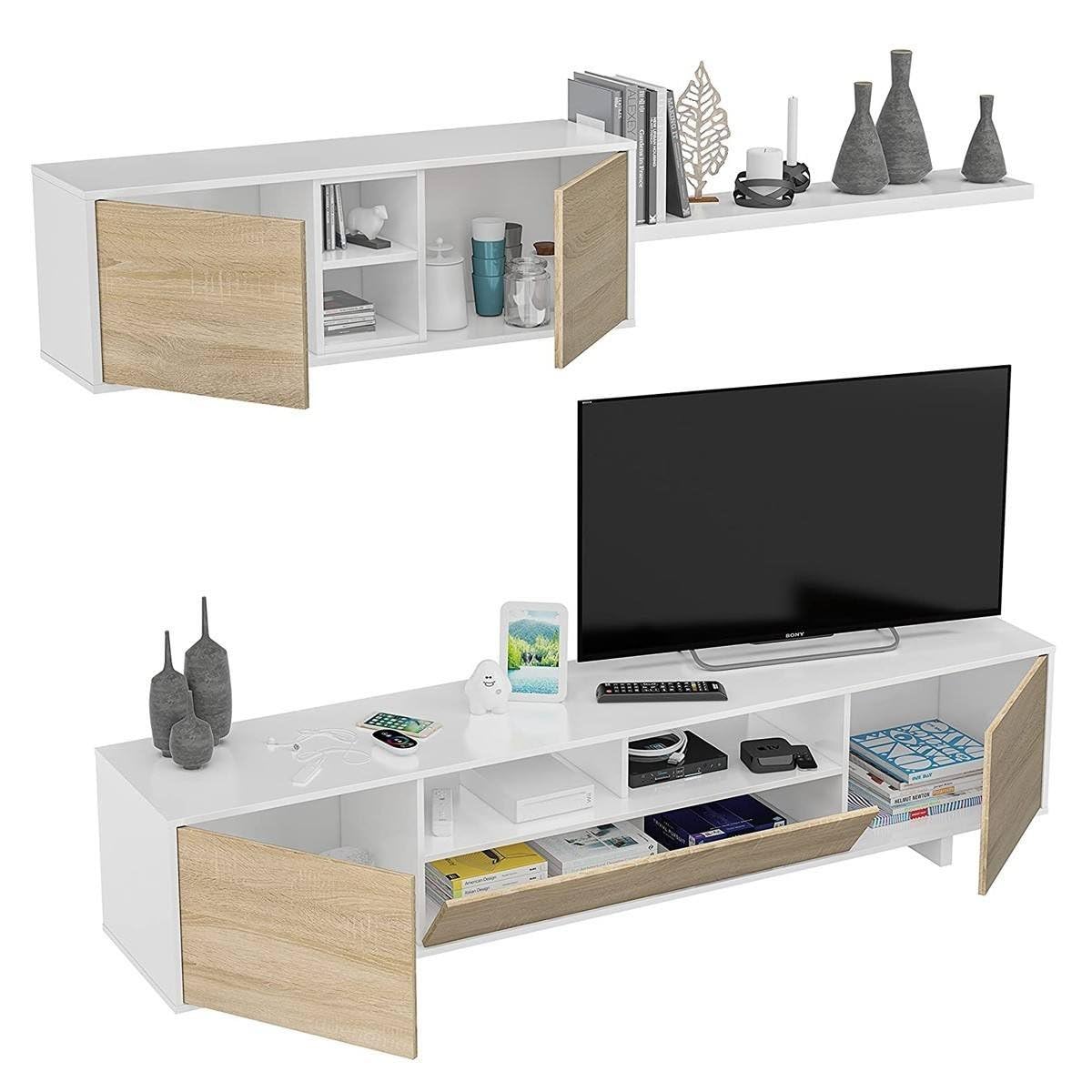 Parete Attrezzata Dmora Per Soggiorno - Mobile Porta TV Moderno Con Pensile E Mensola, 200x46x41 Cm, Rovere E Bianco - Foto 5