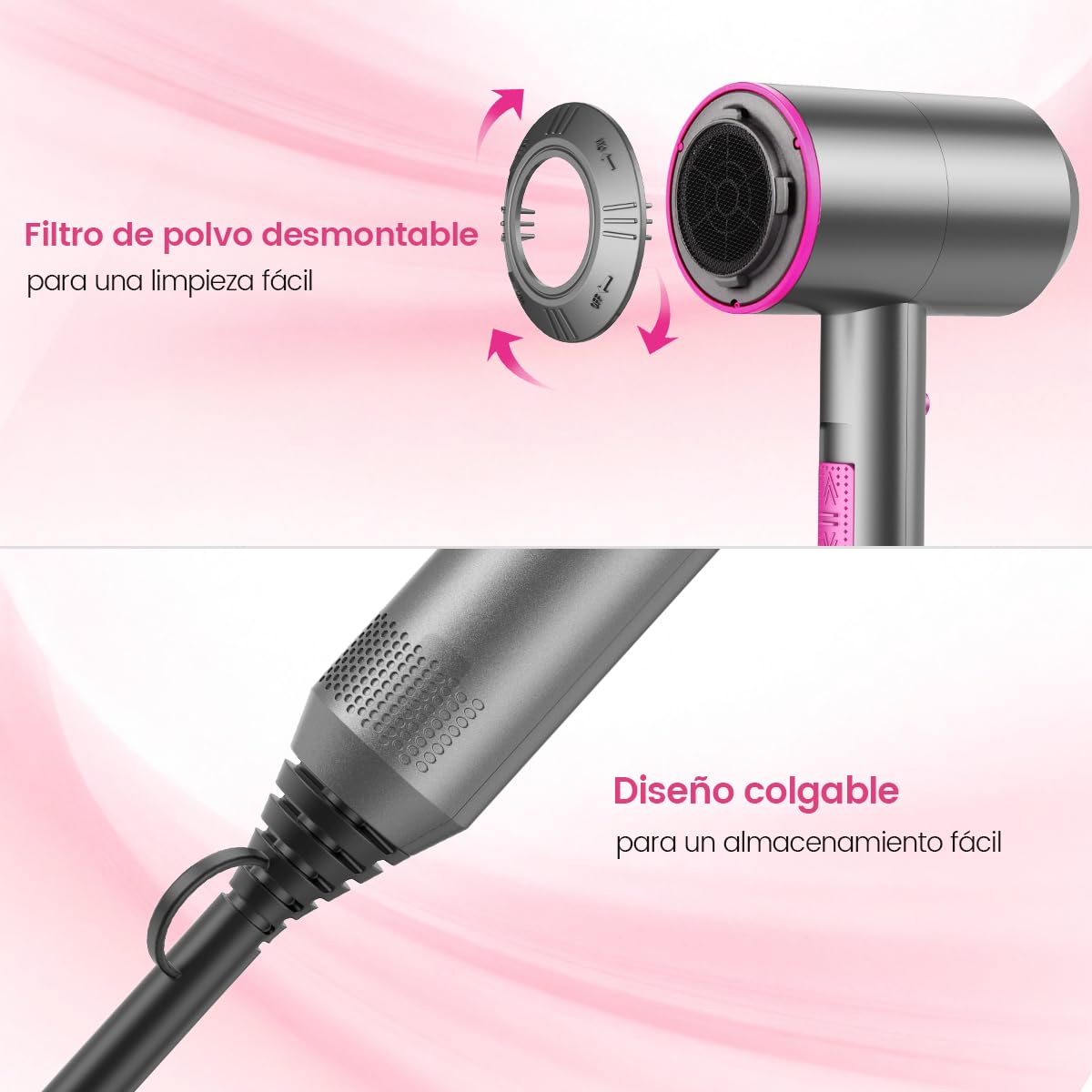 Secador de Pelo Iónico Profesional, Hair Dryer Negativos Portátil, con 3 Temperaturas 2 Velocidades, Botón de Aire Frío, Incluye 1 Difusor y 2 Concentradores