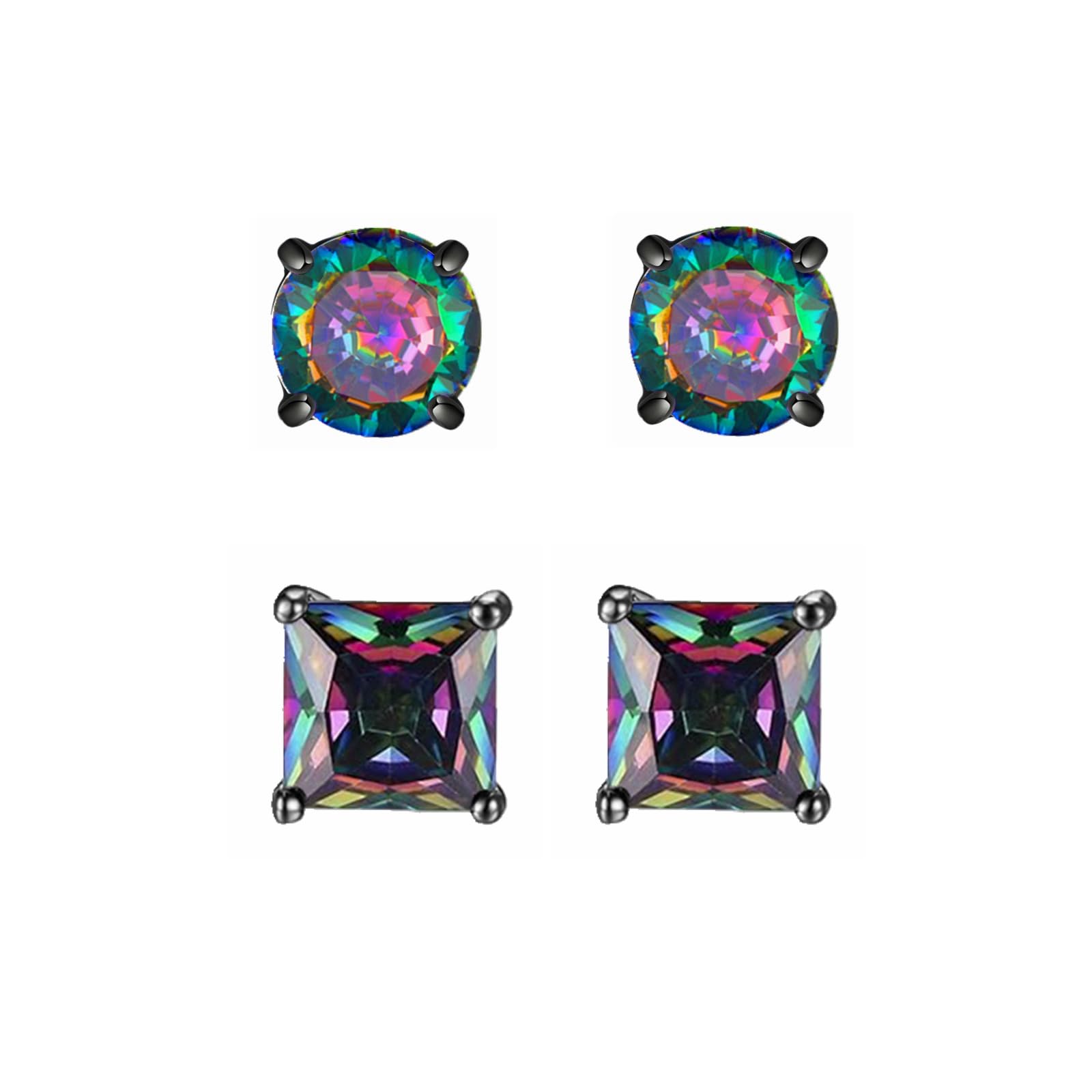 CVAYU 2 Pairs Hypoallergenic Mens Black CZ Stud Earrings Stainless Steel Princess Square Cut Cubic Zirconia Earring Studs for Sensitive Ears 6mm