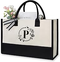 Vista 269 de TOPDesign Personalized Initial Canvas Beach Bag, Monogrammed Gift Tote Bag for Women Negro y marrón