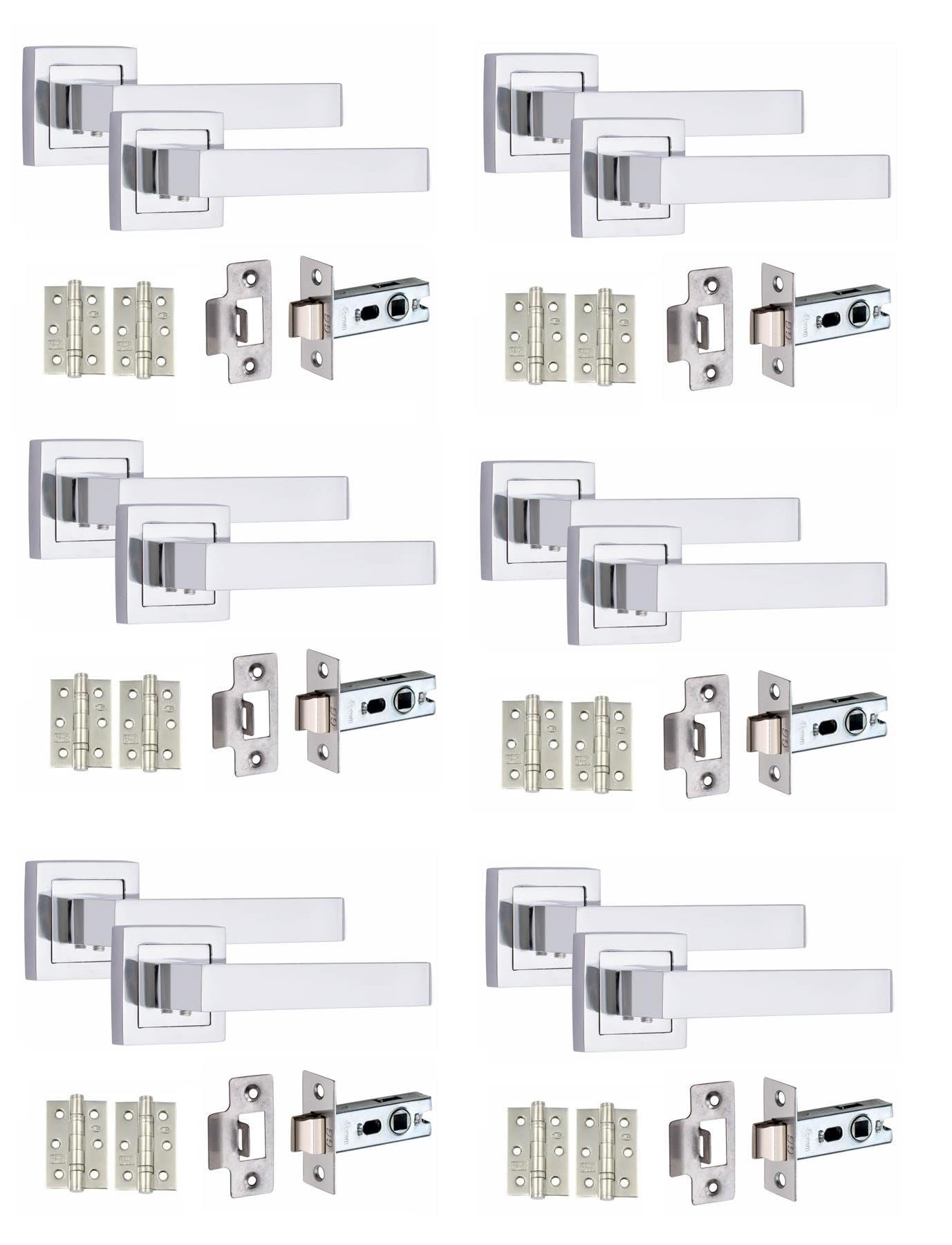 Golden Grace Premium Delta Design Door Handles on Square Rose in Polished Chrome with 2.5" Latch & 1 Pair of Ball Bearing Hinges - 6 Pairs
