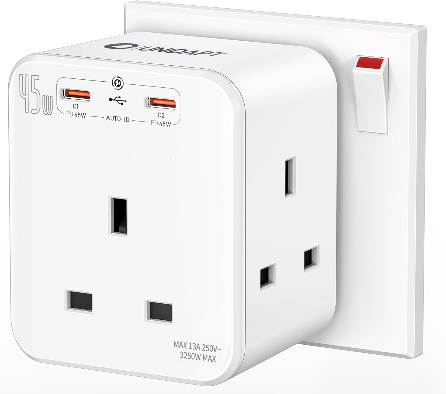 UNIDAPT 3 Way Plug Extension Socket with 2 USB-C Fast Charge Ports, 5-in-1 Cube Multi Plug Extension, PD45W Wall Outlet Extender, 13A 3250W
