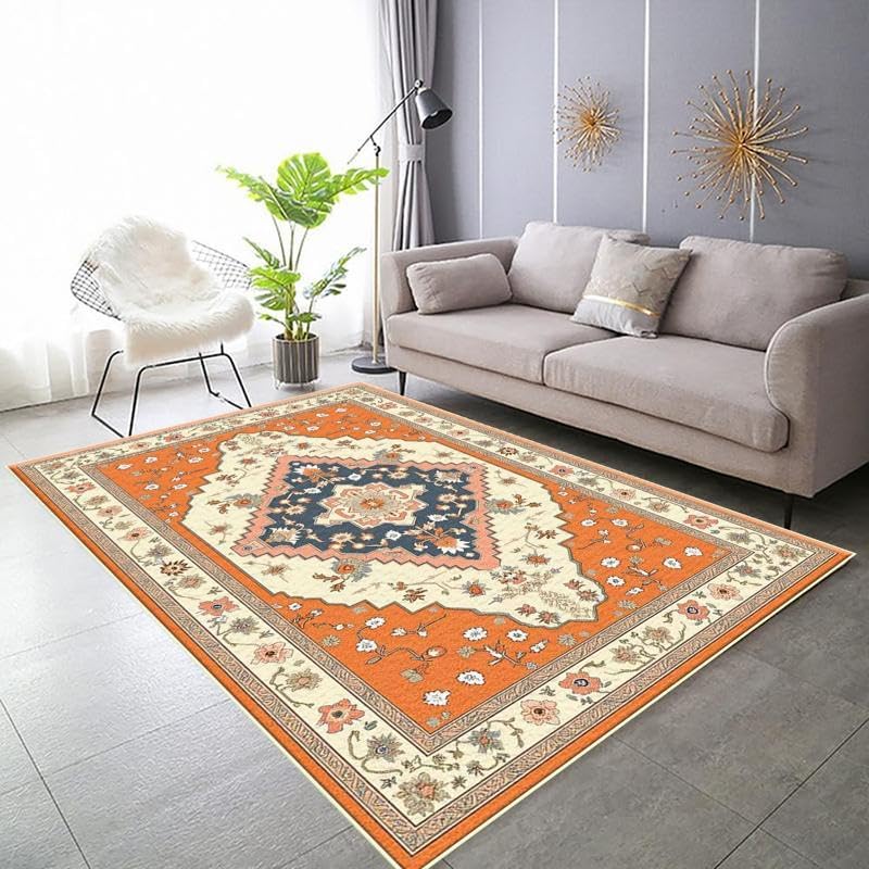 Tapis lavable salon 160x250cm grand format tapis orange vintage marocain pour chambre