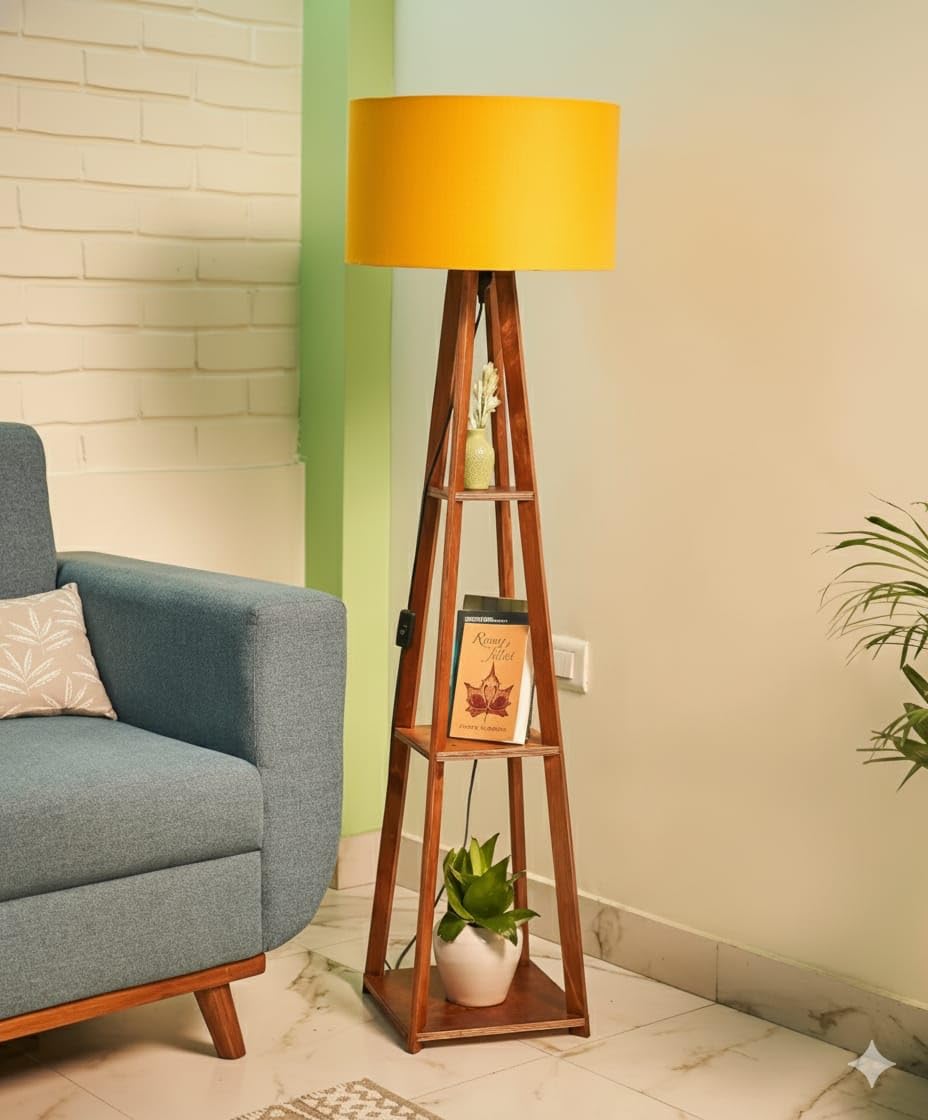 Heera Wooden Floor lamp Office Living Room Bedroom Home Decoration lamp with 1 led Bulb & 1 Shade Yellow Colour & 3 Shelves Superb Finishing & Polish Marriage & Birthday Gifted Item [ Made in India ]-image-38