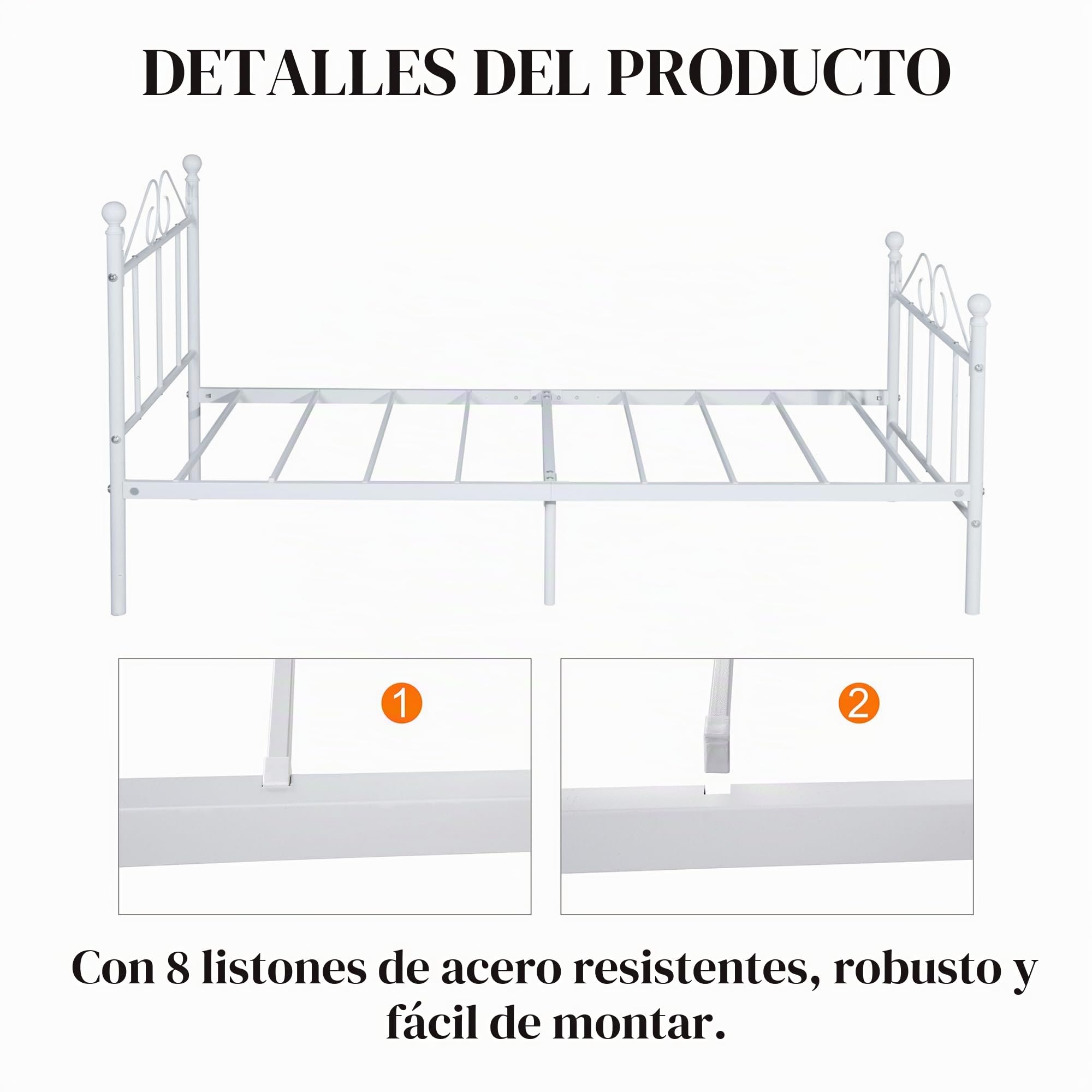 Cama Individual Somier 90x190, Estructura Metálica para Colchón de 90x190 cm de Dormitorio con Cabecero, Fácil Montaje/Apta para Invitados/Infantil/Jóvenes/Personas/Mayores/Blanco/Estilo A