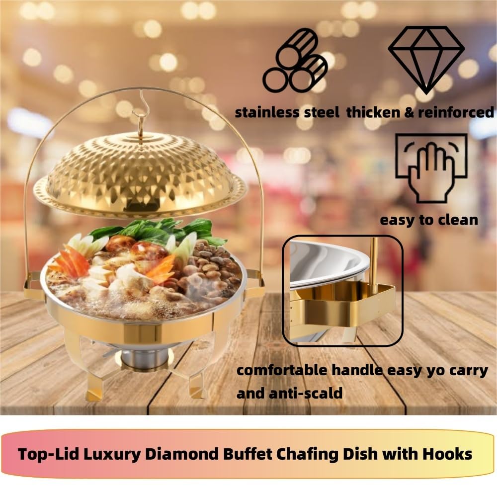 8.5 QT Round Chafing Dish Buffet Set, 1-Pack Stainless Steel Chafing Dishes for Buffet, Gold Luxury Diamond Food Warmers Stove with Top Lid & Hook for Party, Dishwasher Safe, Quick Assemble