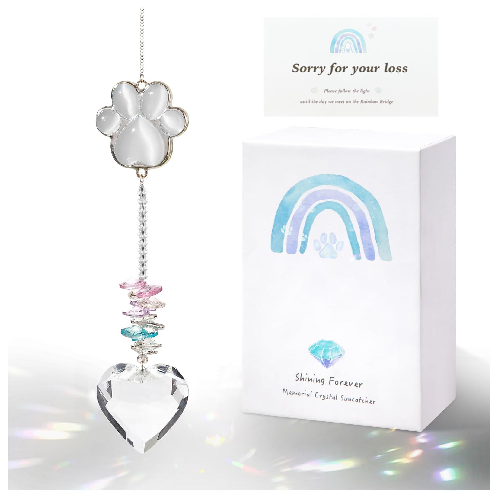 Pet Memorial Gifts for Dogs, Loss of Cat Sympathy, Remembrance Bereavement Crystal Suncatcher with Natural Cat's Eye Stone Paw, Rainbow Bridge