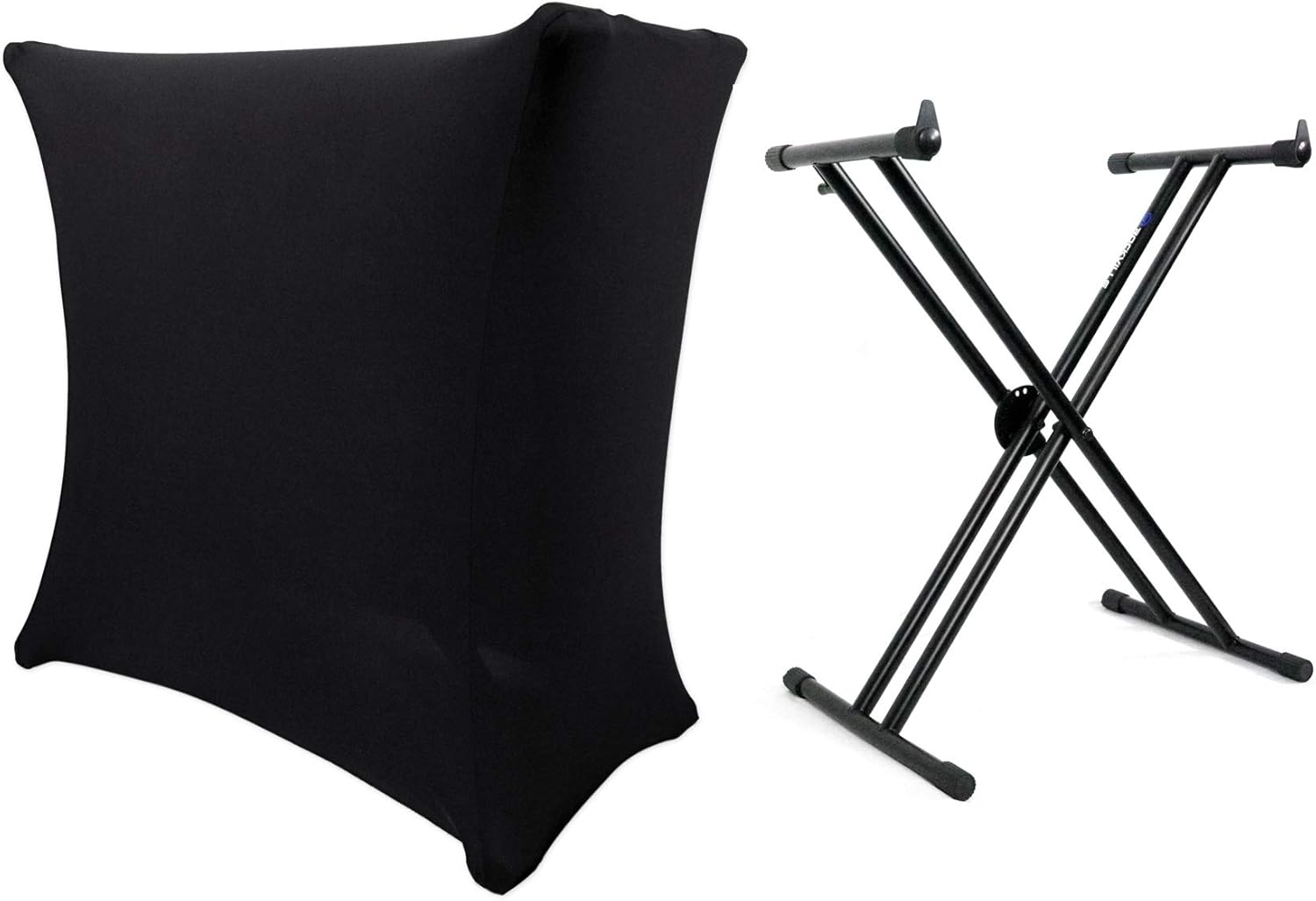 Rockville RKS30X Bundle: Double X Braced Keyboard Stand w/ Push Button Lock Mechanism, RSC5B Universal Black DJ Scrim Cloth Cover for X Stand w/ Carry Bag, 2-items