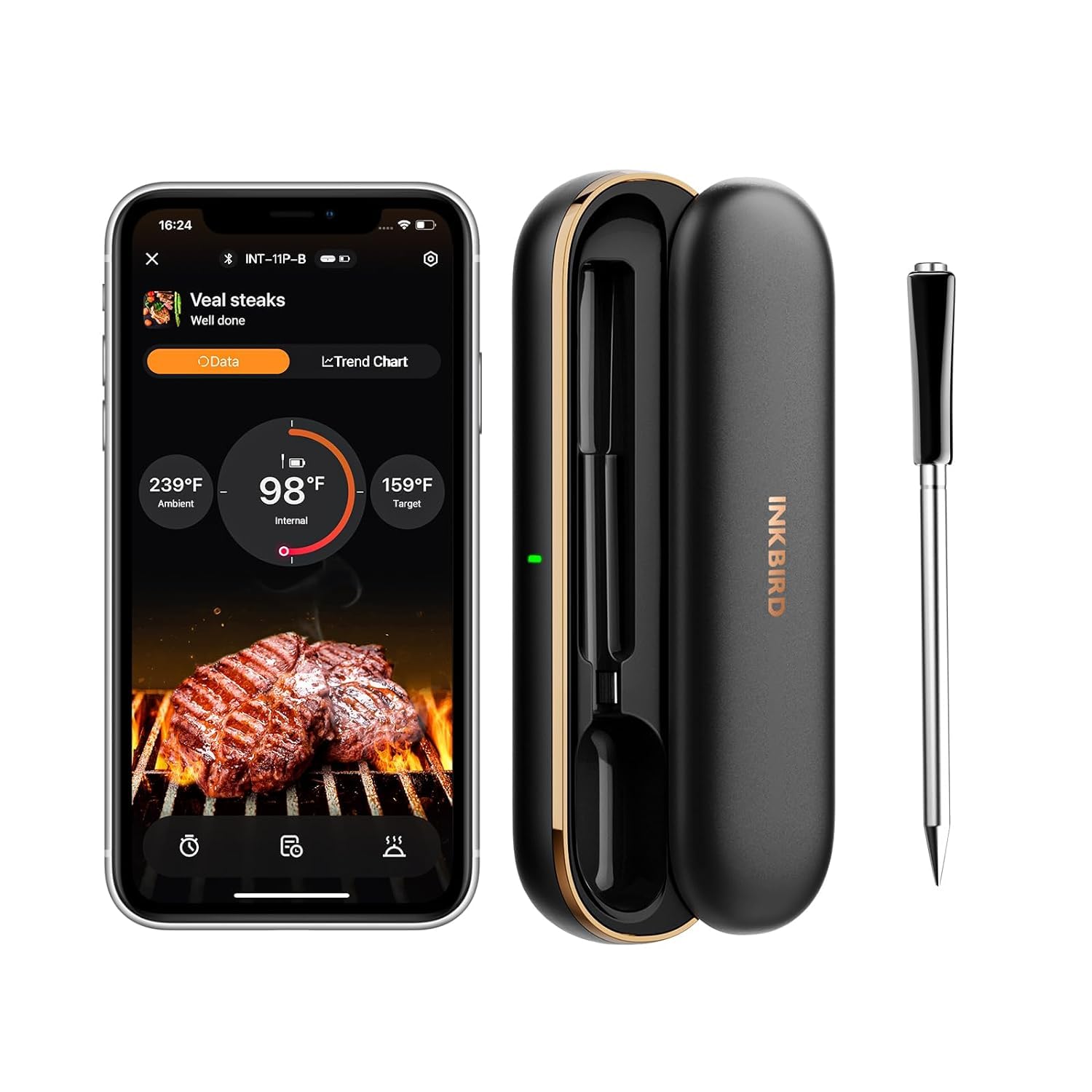 INKBIRD Wireless Meat Thermometer INT-11P-B, Bluetooth BBQ Cooking Thermometer with IP67 Waterproof Dual Sensors Probe, 91m Range, Fast Charging, Highly Accurate, Perfect for Grilling, Smoking, Oven