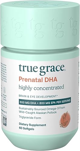 True Grace DHA prenatal  60 cápsulas blandas  1400 mg de DHA y EPA  para preconcepción, embarazo y lactancia  capturado silvestre y de origen