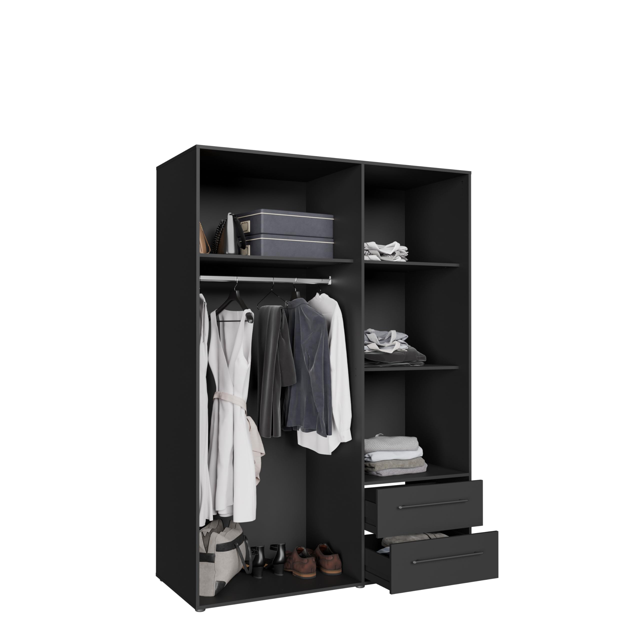 AVANTI TRENDSTORE - FATHIE - Armadio con 3 ante battente e 2 cassetti in legno laminato nel colore nero opaco. Dimensioni LAP ca. 145x200x59 cm.