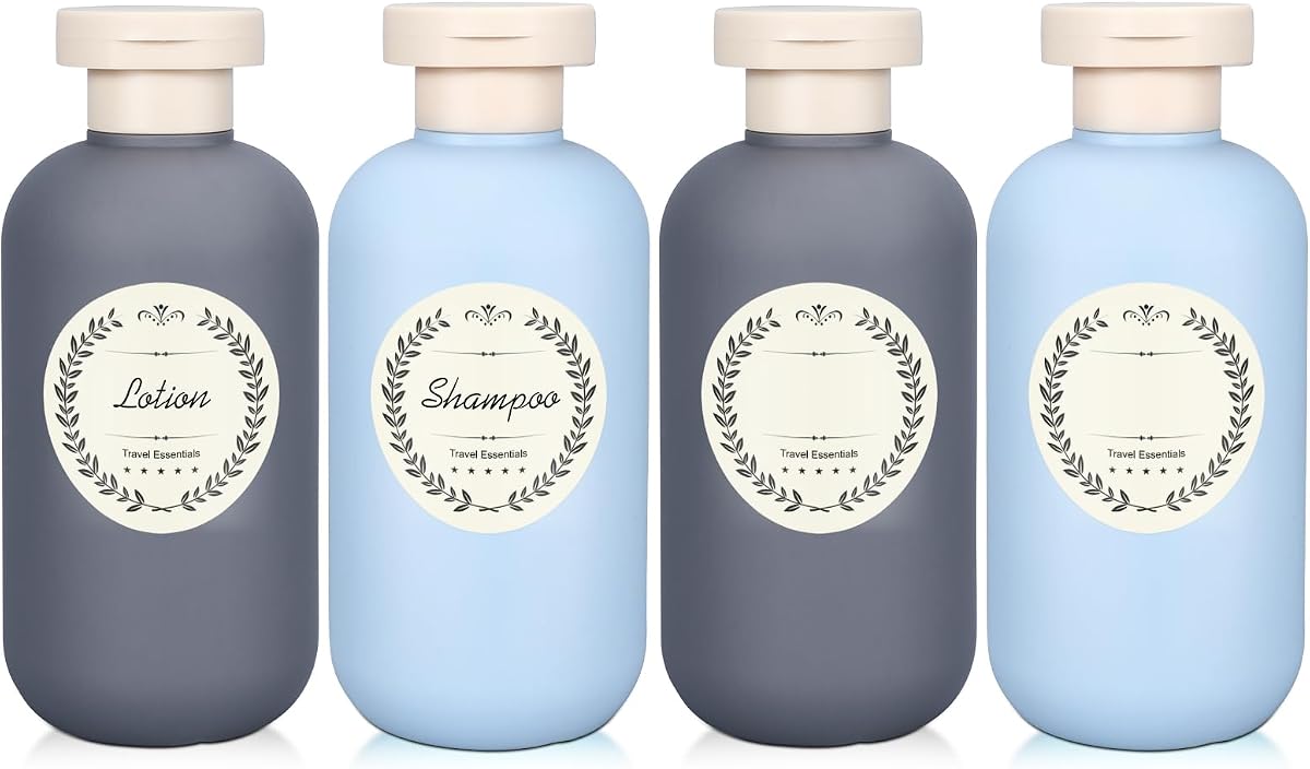 4Pack 6.8oz Travel Shampoo Bottles with Labels, Refillable Travel Bottles, Flip Top Squeeze Bottles, Portable Plastic Toiletry Containers for Lotion, Conditioner & Body Wash(grey, blue)
