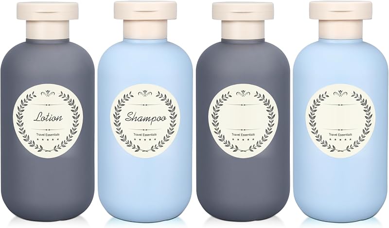 4Pack 6.8oz Travel Shampoo Bottles with Labels, Refillable Travel Bottles, Flip Top Squeeze Bottles, Portable Plastic Toiletry Containers for Lotion, Conditioner & Body Wash(grey, blue)