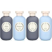 METAPACK 4Pack 6.8oz Travel Shampoo Bottles with Labels, Refillable Travel Bottles, Flip Top Squeeze Bottles, Portable Plastic Toiletry Containers for Lotion, Conditioner & Body Washgrey, blue