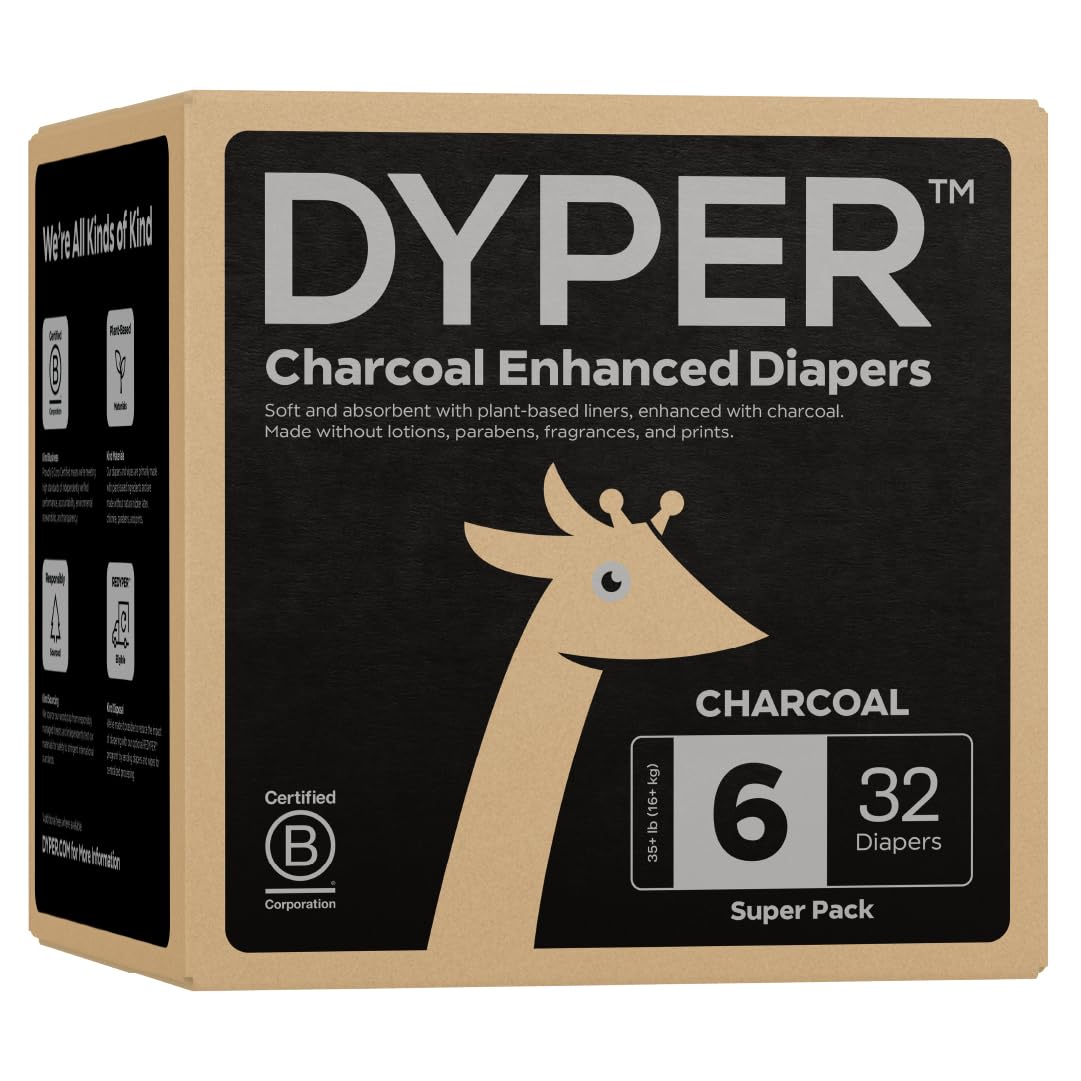 DYPER Charcoal Enhanced Diapers | Baby Diapers from Plant-Based* & Honest Materials | Day & Overnight Diapers | Disposable Diapers for Sensitive Skin (Size 6, 32, Count)