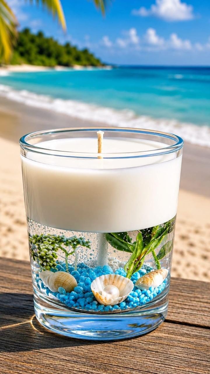 Glow Getter Handmade Gel Wax Candle with Real Seashells & Floral Design | Beach Theme Decorative Candle for Home, Office & Gifting | Aromatic Gel Candle in Glass Container (White B)-image-17