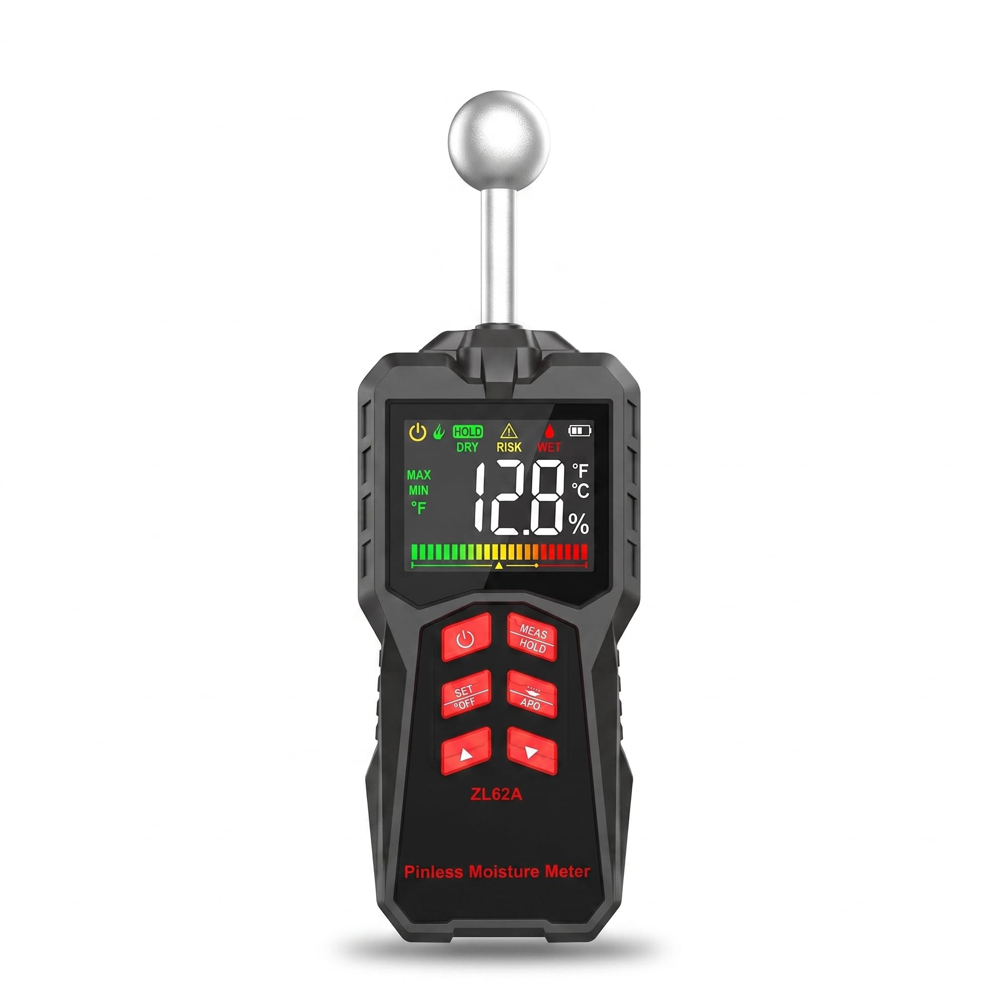 Medidor de humedad de pared Pinless con sensor de bola, LCD de color para