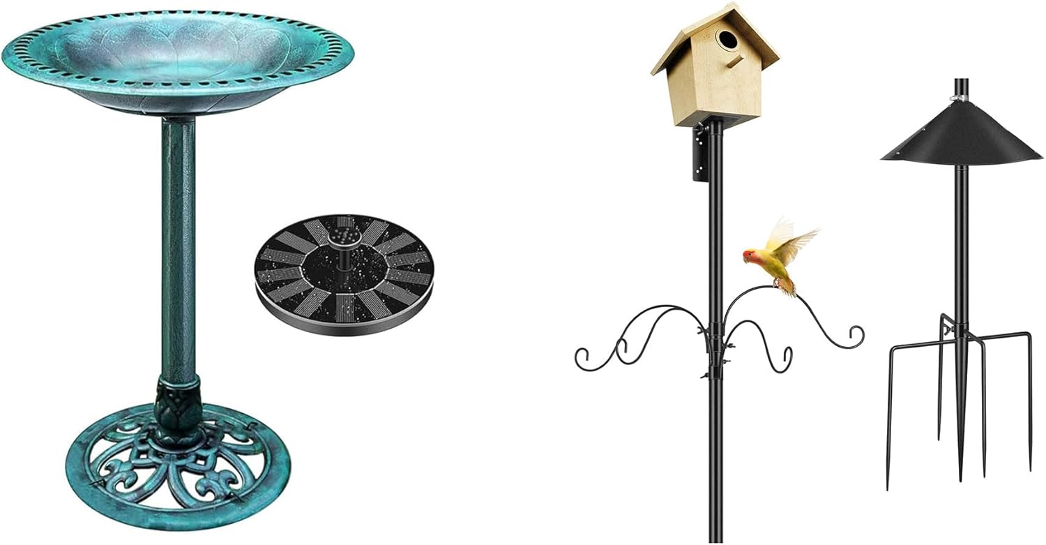 VIVOHOME Polyresin Antique Outdoor Green Garden Bird Bath and Solar Fountain with VIVOHOME 92 Inch Bird Feeder Pole, Heavy Duty Adjustable Bird House Stand Pole for Outdoor