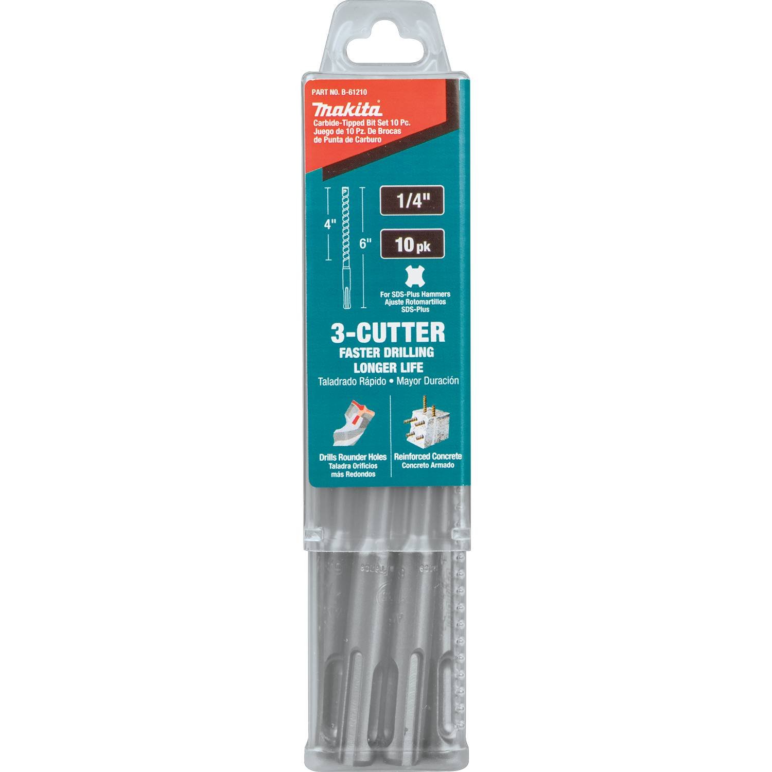 Makita B-61210 broca SDS-Plus de 1/4" x 6", 3 cortadores, 10 unidades