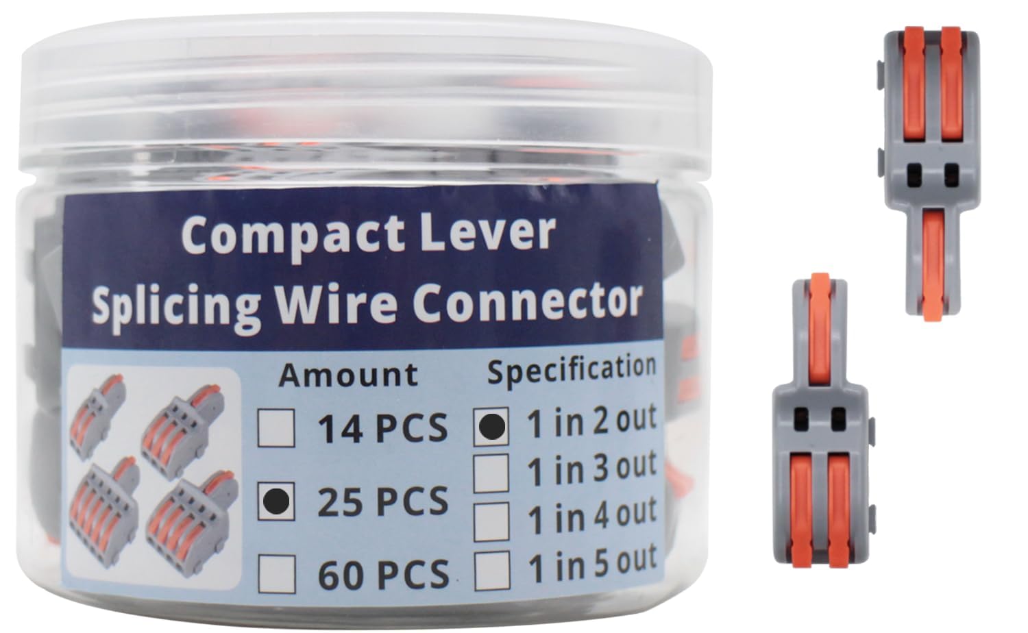 1 in 2 Out Lever Wire Connectors, 25 Pcs in Buckets of Compact Lever Splicing Wire Connectors Lever Wire Nuts in Gray