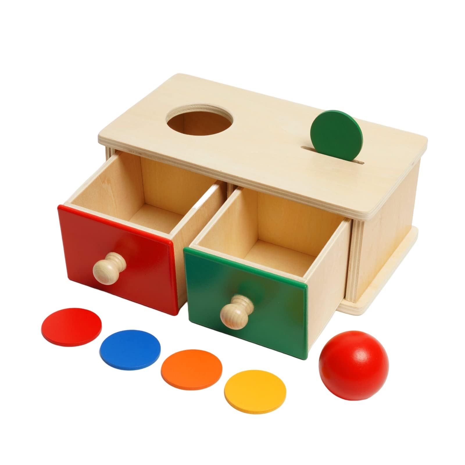 Siairo 2 in 1 Montessori Wooden Matching Box with Coin and Ball,2 Drawers- Wood Coin Box with 5 Coins and Permanence Box with 1 Ball Preschool Learning Toys for Toddler Boys Girls