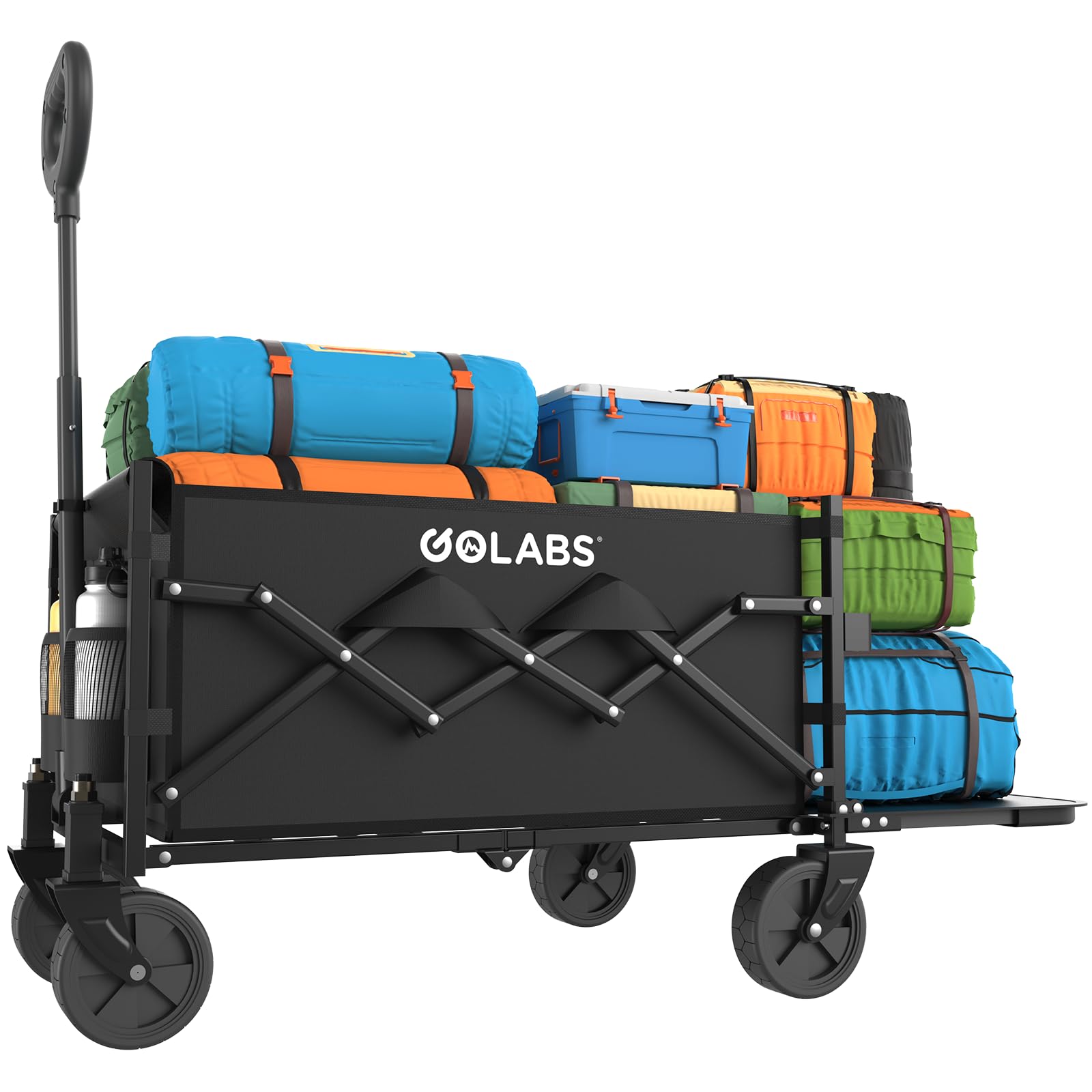 Golabs Collapsible Wagon Cart Max 350lb Load & Expandable Storage 100L, Double Bearing Design for Flexible Steering, Foldable Heavy Duty Garden Cart with 2 Cup Holders for Groceries, Garden & Camping Black