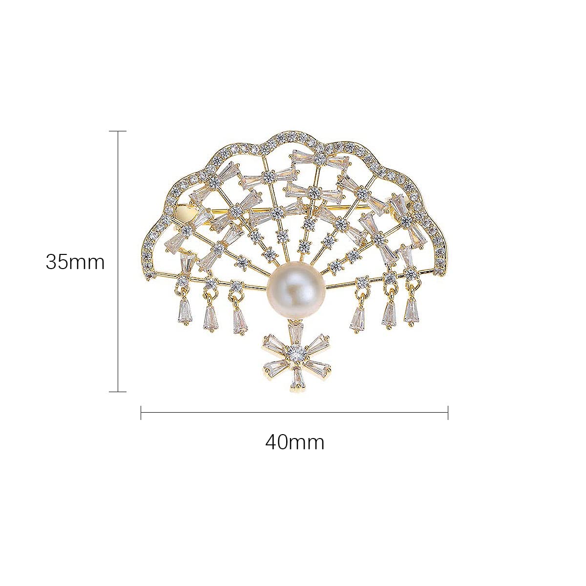Vintage Broschen Pins für Frauen Mode Revers Pin Hohl Fan Form Brosche Pins mit Süßwasserperle, Messing, Zirkonia