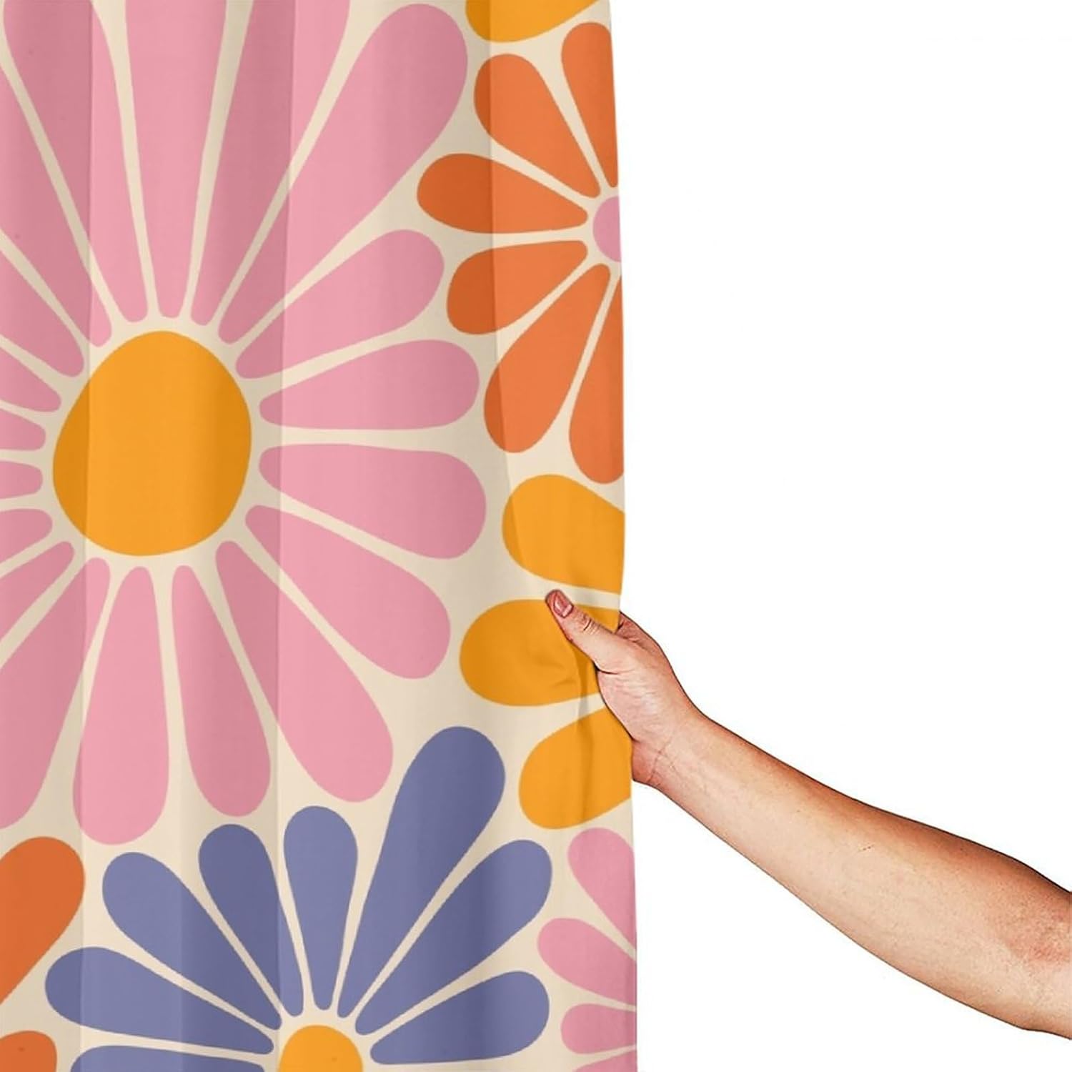Hippie Floral Shower Curtain, Retro 1970s Orange Pink Blue Flower Boho Groovy Daisy Flowers Aesthetic Waterproof Polyester Fabric Shower Curtain Sets with Hooks 66x72Inch(168x183cm)